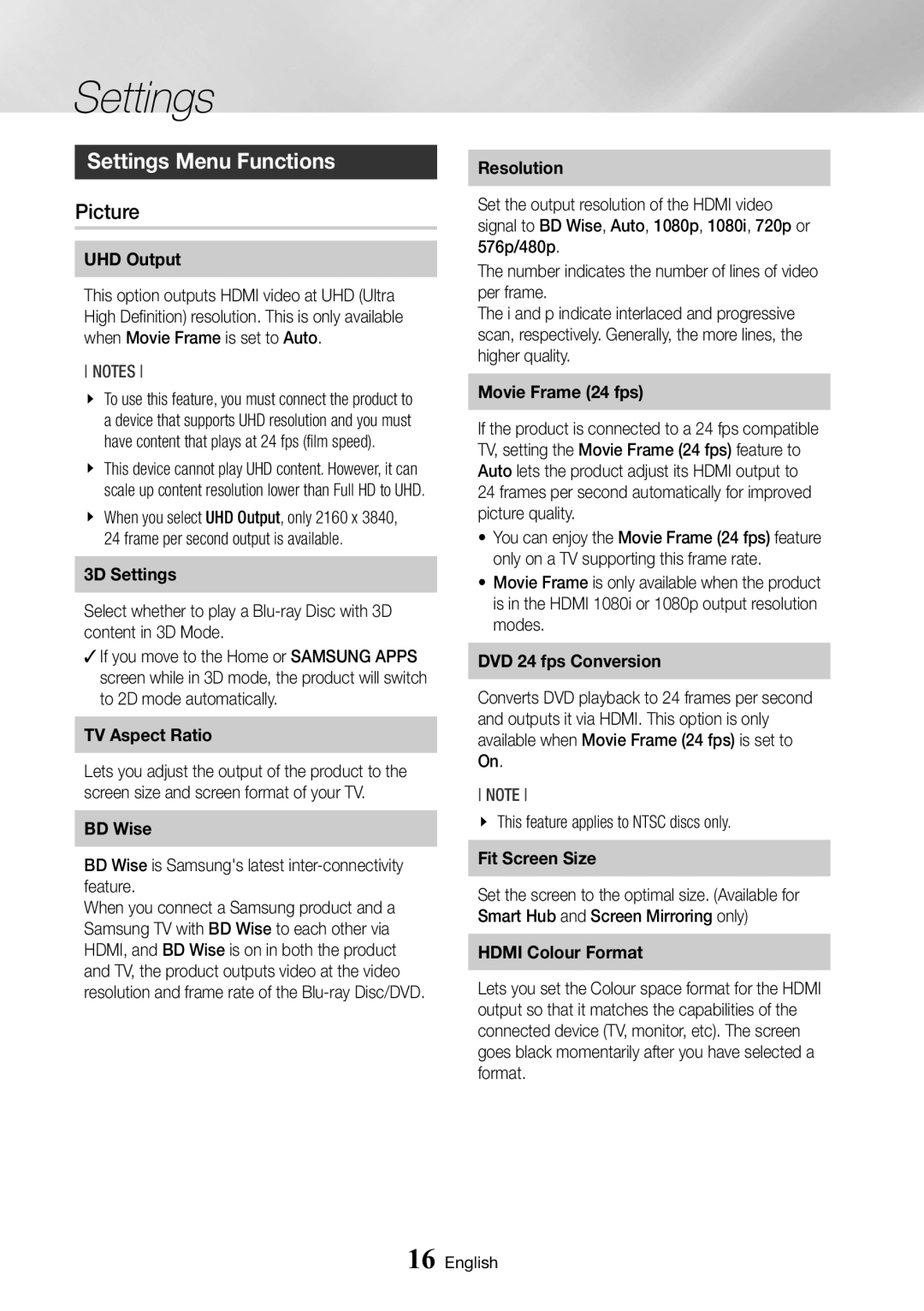 Samsung BD-J6300/ZG, BD-J6300/ZF Settings Menu Functions, Picture, BD Wise is Samsungs latest inter-connectivity feature 