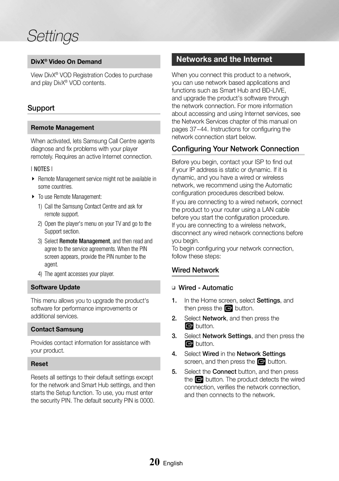 Samsung BD-J6300/ZG, BD-J6300/ZF Support, Networks and the Internet, Configuring Your Network Connection, Wired Network 