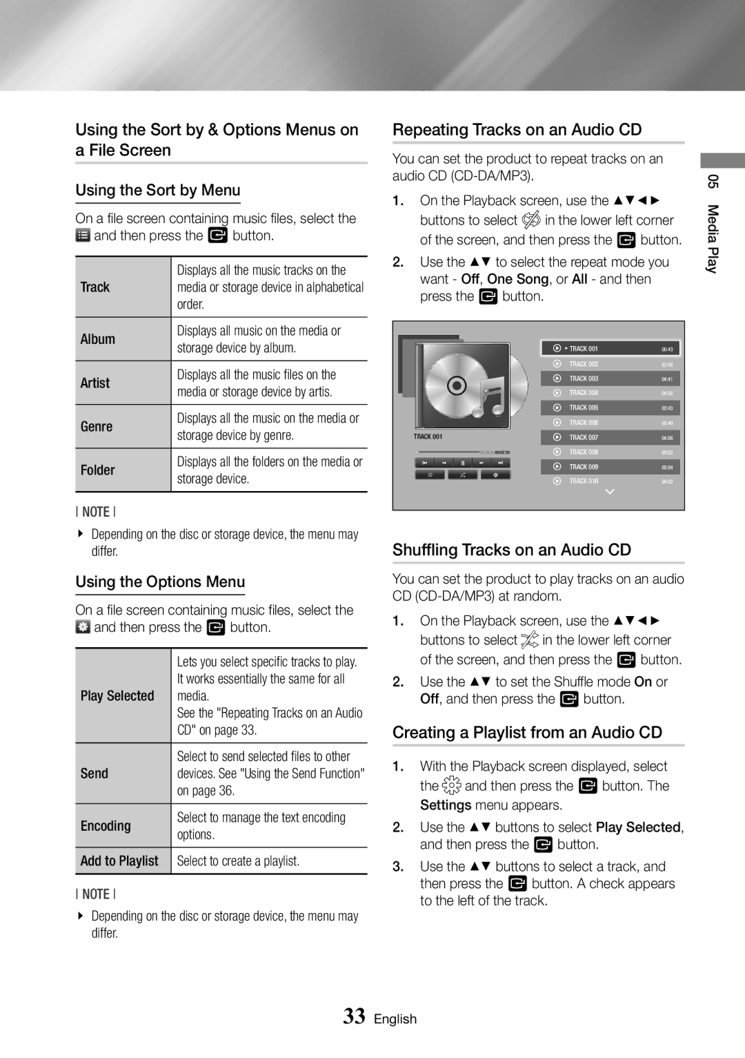 Samsung BD-J6300/ZF, BD-J6300/ZG manual Using the Sort by & Options Menus on a File Screen, Repeating Tracks on an Audio CD 