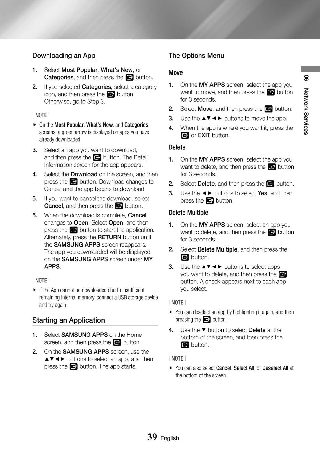 Samsung BD-J6300/XN, BD-J6300/ZG manual Starting an Application, Downloading an App, Options Menu Move, Delete Multiple 