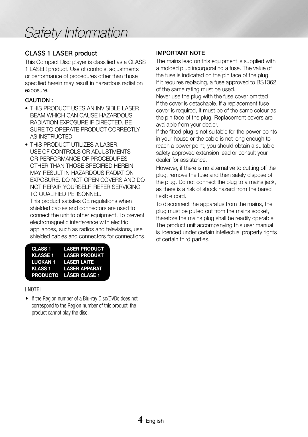 Samsung BD-J6300/ZG, BD-J6300/ZF, BD-J6300/EN, BD-J6300/XN manual Class 1 Laser product, Important Note 