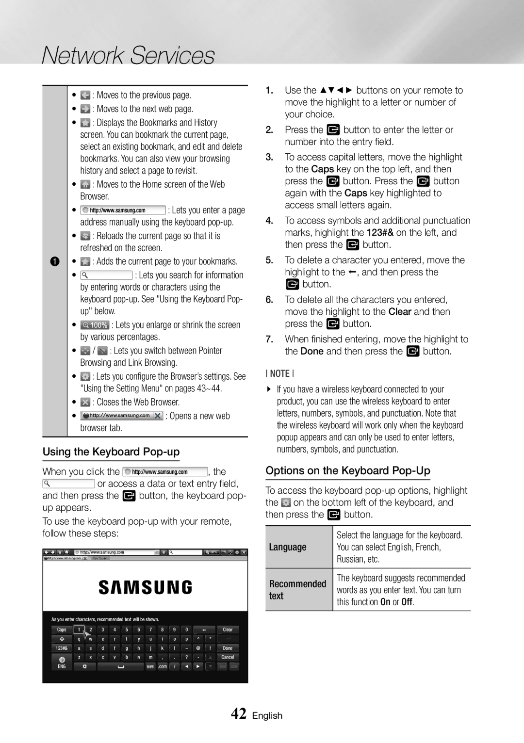 Samsung BD-J6300/EN, BD-J6300/ZG, BD-J6300/ZF, BD-J6300/XN manual Using the Keyboard Pop-up, Options on the Keyboard Pop-Up 