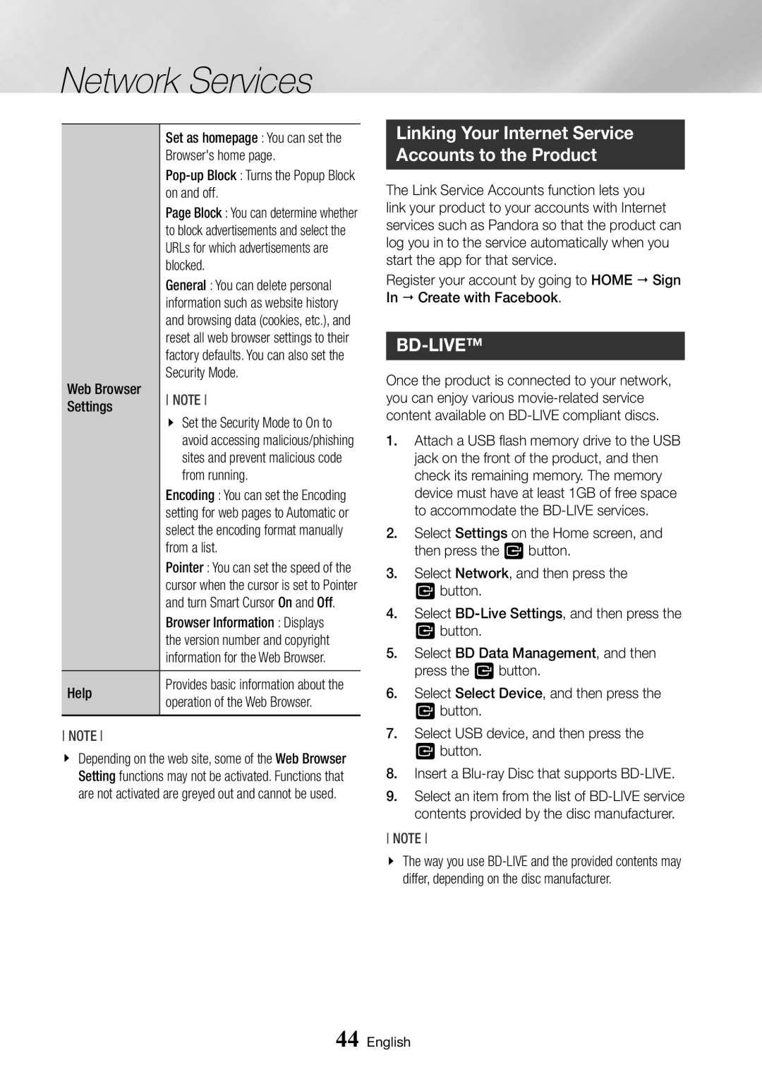 Samsung BD-J6300/ZG On and off, Blocked, Web Browser Security Mode Settings, From running, From a list, Displays, Help 