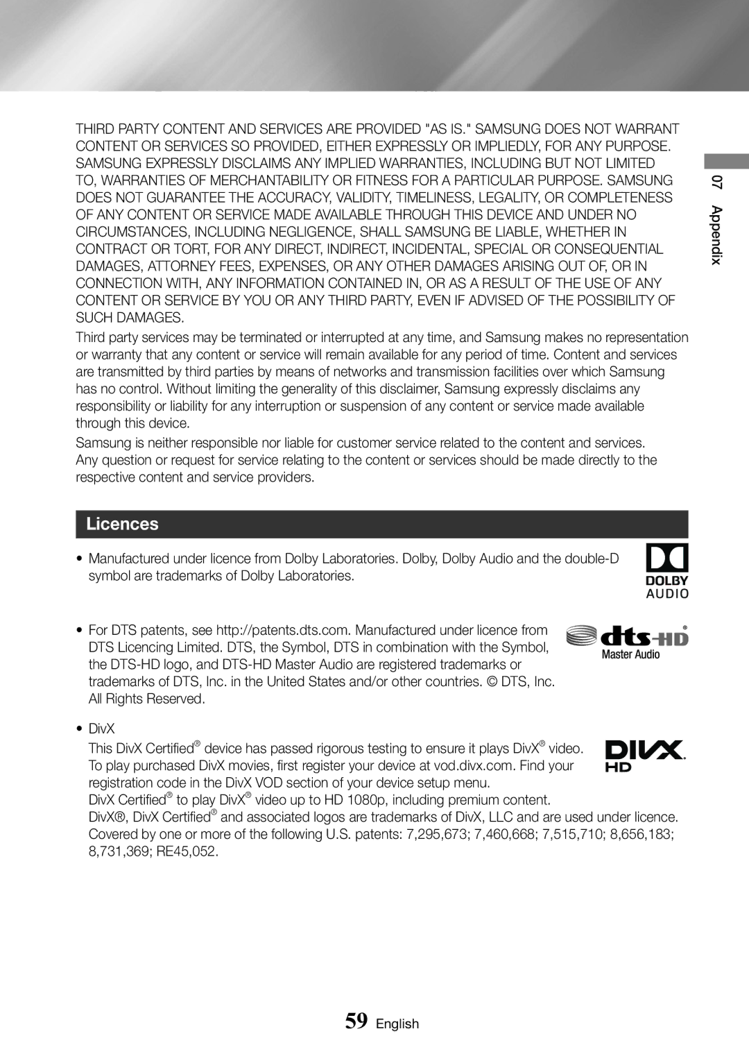 Samsung BD-J6300/XN, BD-J6300/ZG, BD-J6300/ZF, BD-J6300/EN manual Licences 