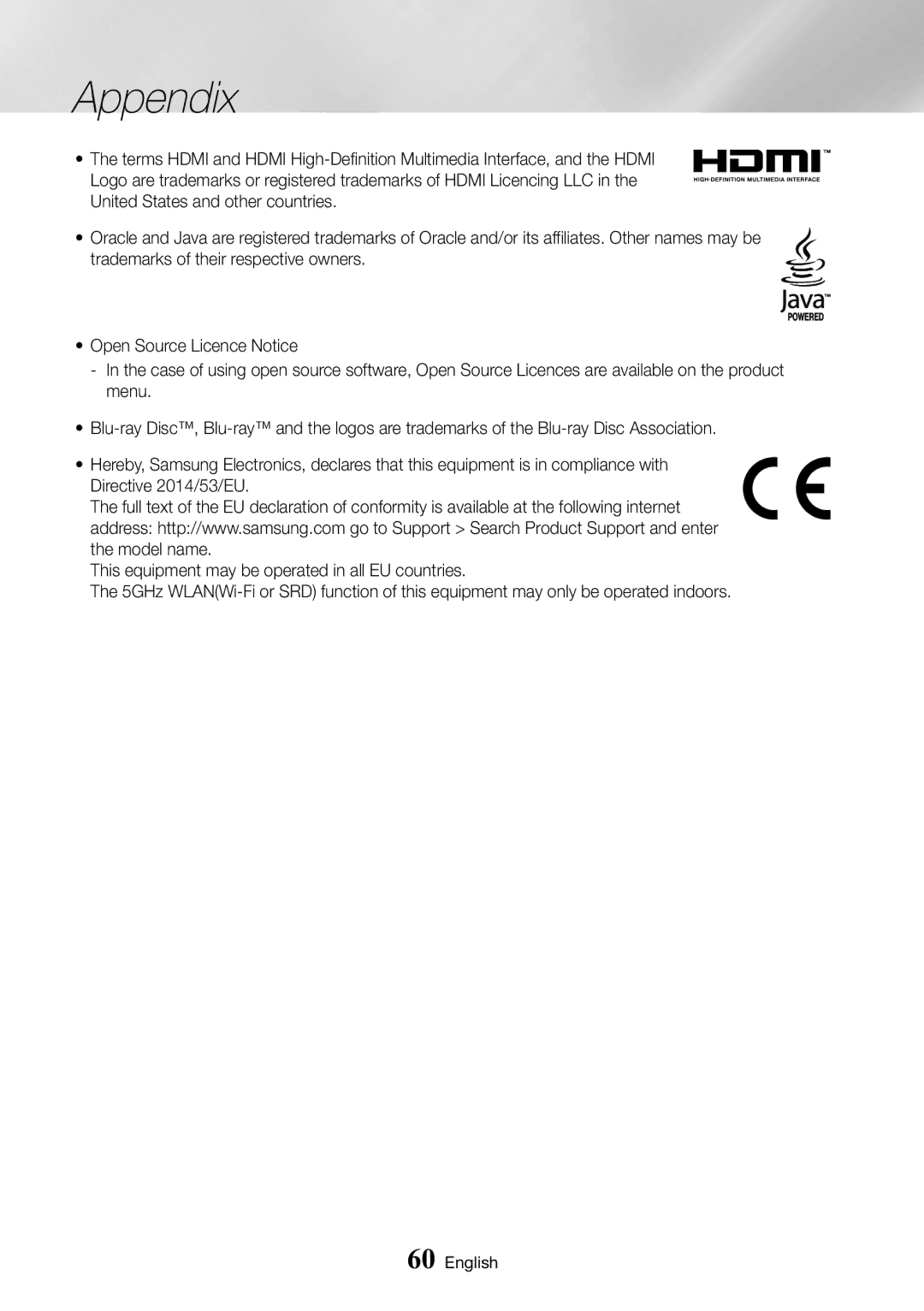 Samsung BD-J6300/ZG, BD-J6300/ZF, BD-J6300/EN, BD-J6300/XN manual Appendix 