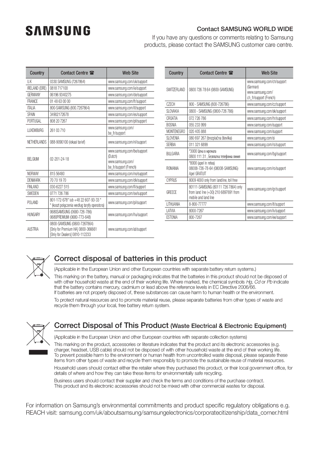 Samsung BD-J6300/XN, BD-J6300/ZG, BD-J6300/ZF manual Correct disposal of batteries in this product, Contact Centre  Web Site 