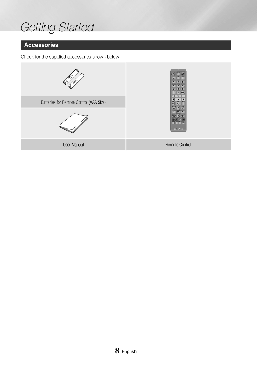 Samsung BD-J6300/ZG, BD-J6300/ZF, BD-J6300/EN, BD-J6300/XN manual Getting Started, Accessories 