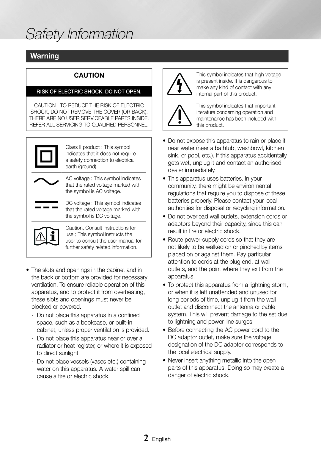 Samsung BD-J6300/EN, BD-J6300/ZG, BD-J6300/ZF, BD-J6300/XN manual Safety Information, Risk of Electric SHOCK. do not Open 