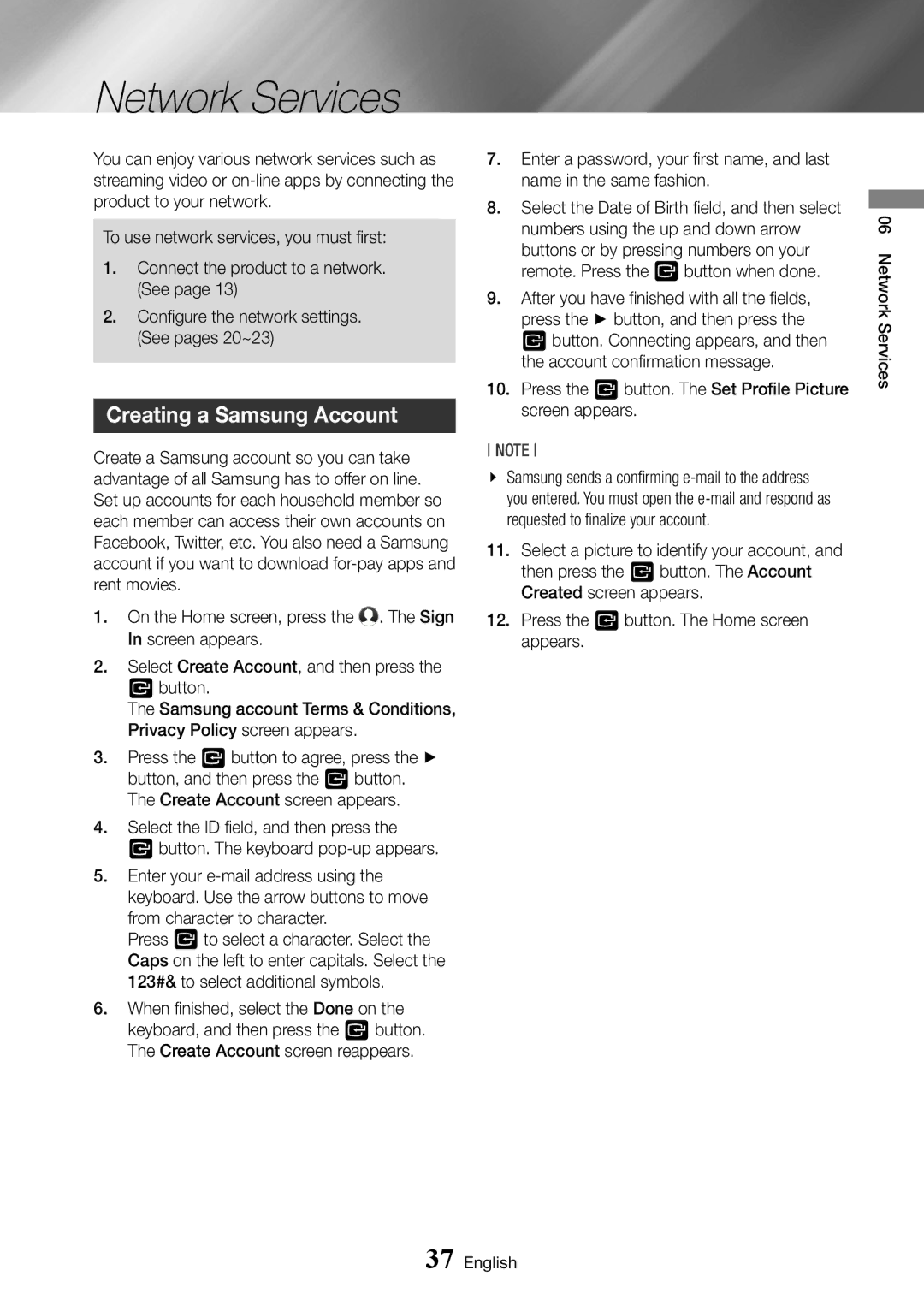 Samsung BD-J6300/ZF manual Network Services, Creating a Samsung Account, Screen appears, Privacy Policy screen appears 