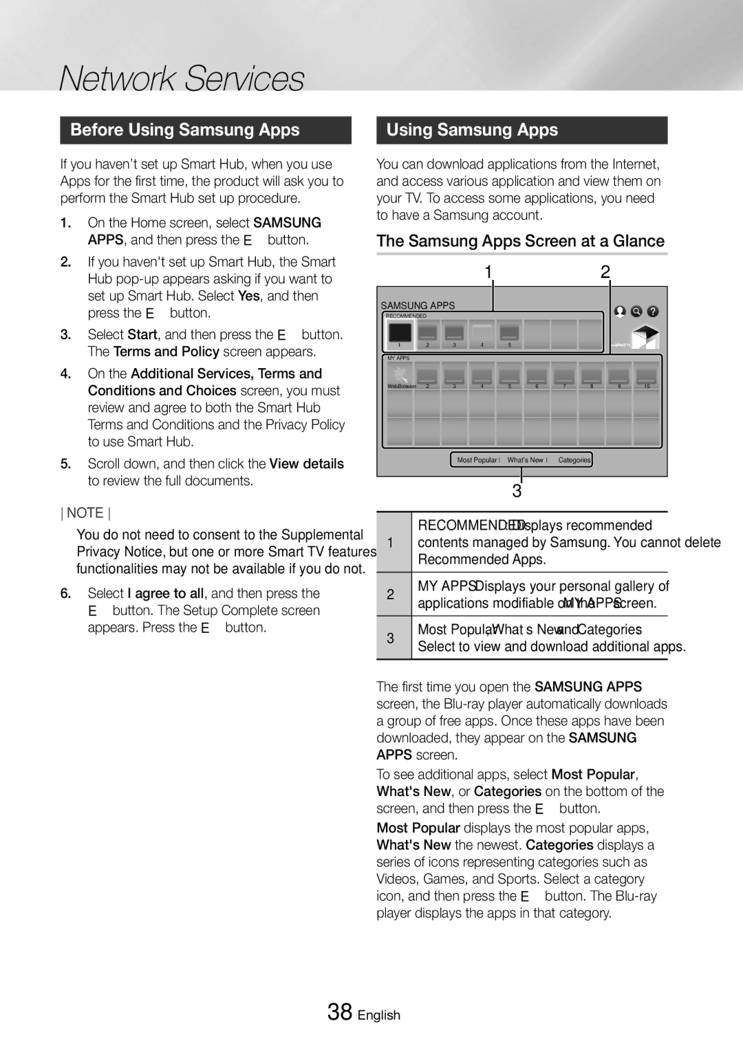 Samsung BD-J6300/EN, BD-J6300/ZG, BD-J6300/ZF Before Using Samsung Apps, Samsung Apps Screen at a Glance, Recommended Apps 