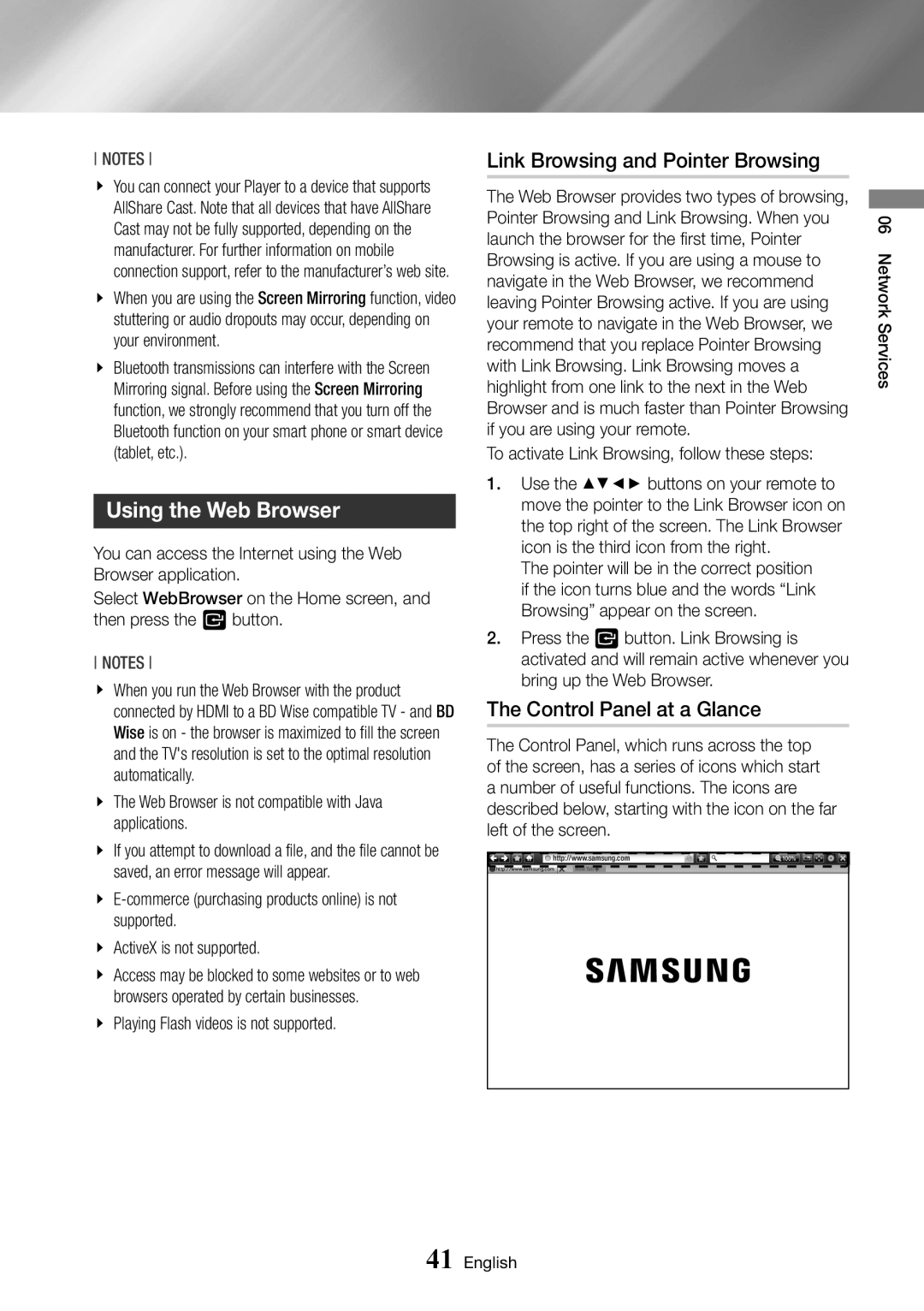 Samsung BD-J6300/ZF, BD-J6300/ZG manual Using the Web Browser, Link Browsing and Pointer Browsing, Control Panel at a Glance 