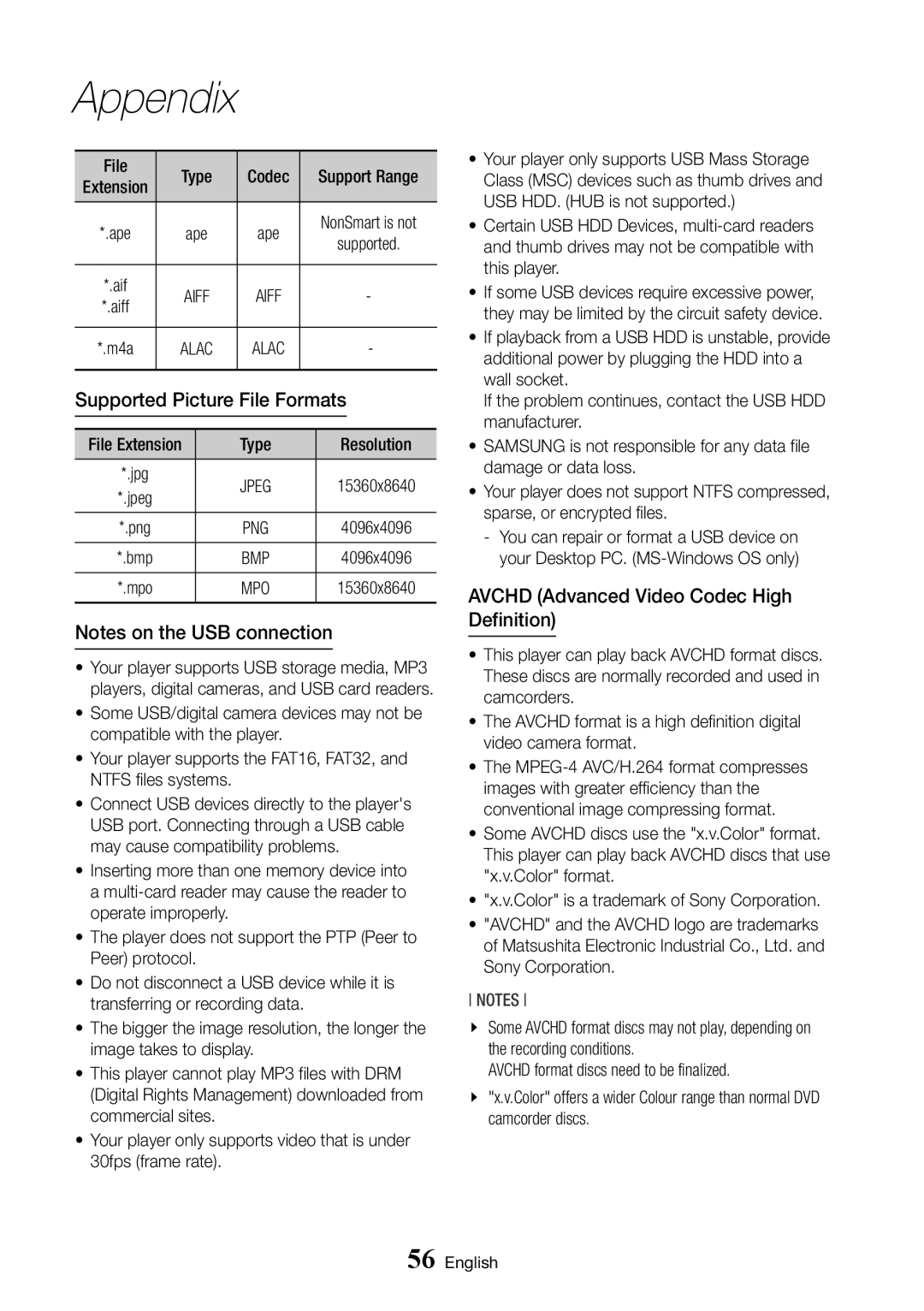 Samsung BD-J6300/ZG, BD-J6300/ZF, BD-J6300/EN Supported Picture File Formats, Avchd Advanced Video Codec High Definition 