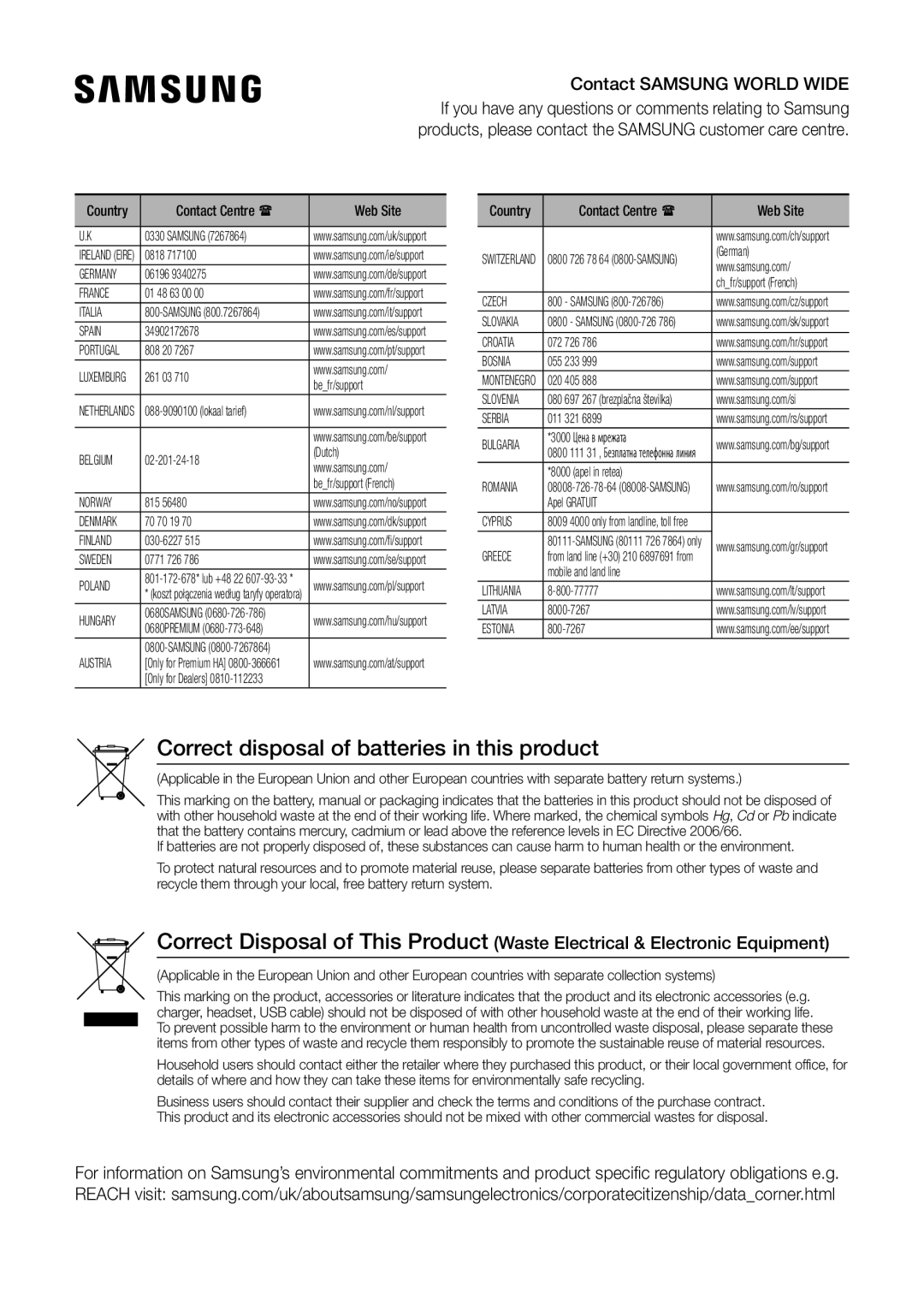 Samsung BD-J6300/EN, BD-J6300/ZG, BD-J6300/ZF manual Correct disposal of batteries in this product, Contact Centre  Web Site 