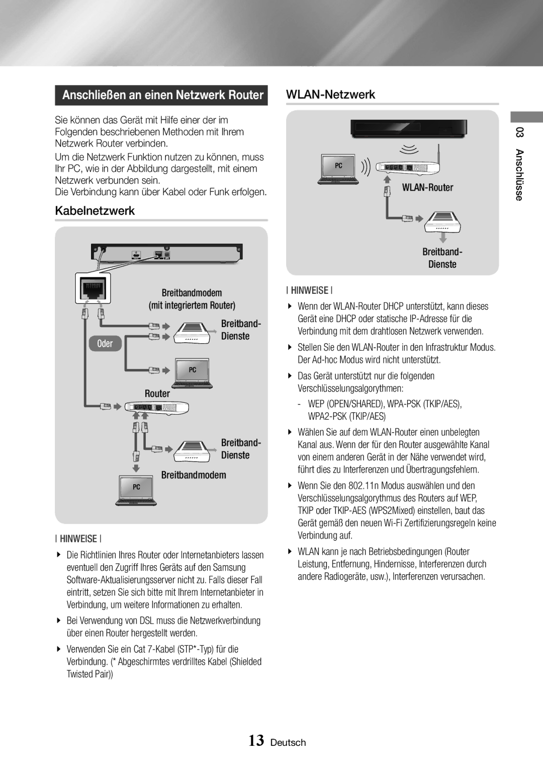 Samsung BD-J6300/ZG manual Kabelnetzwerk, WLAN-Netzwerk 