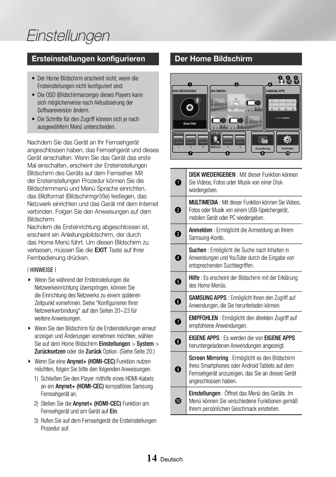 Samsung BD-J6300/ZG manual Einstellungen, Ersteinstellungen konfigurieren, Der Home Bildschirm 