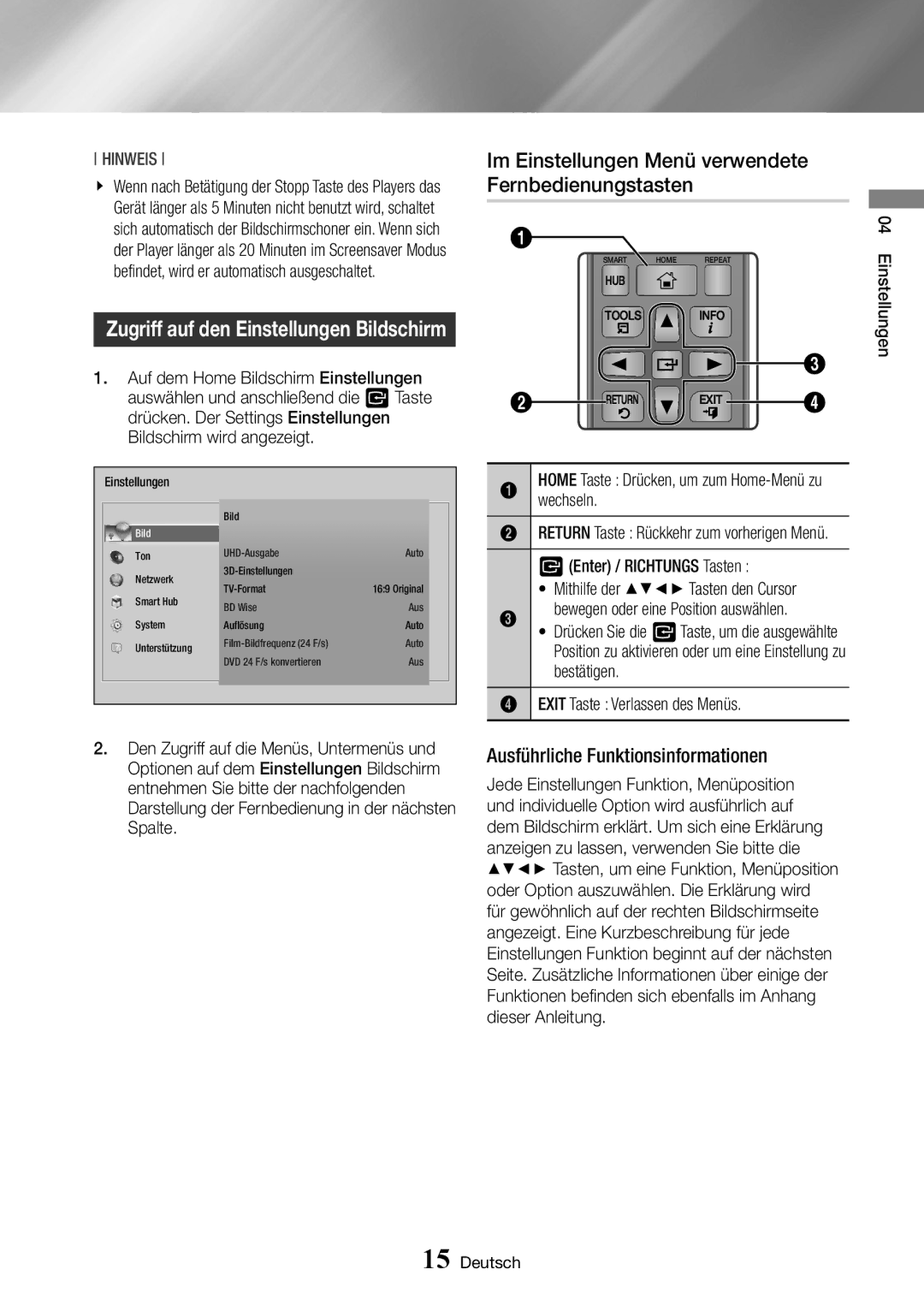 Samsung BD-J6300/ZG Im Einstellungen Menü verwendete Fernbedienungstasten, Ausführliche Funktionsinformationen, Wechseln 