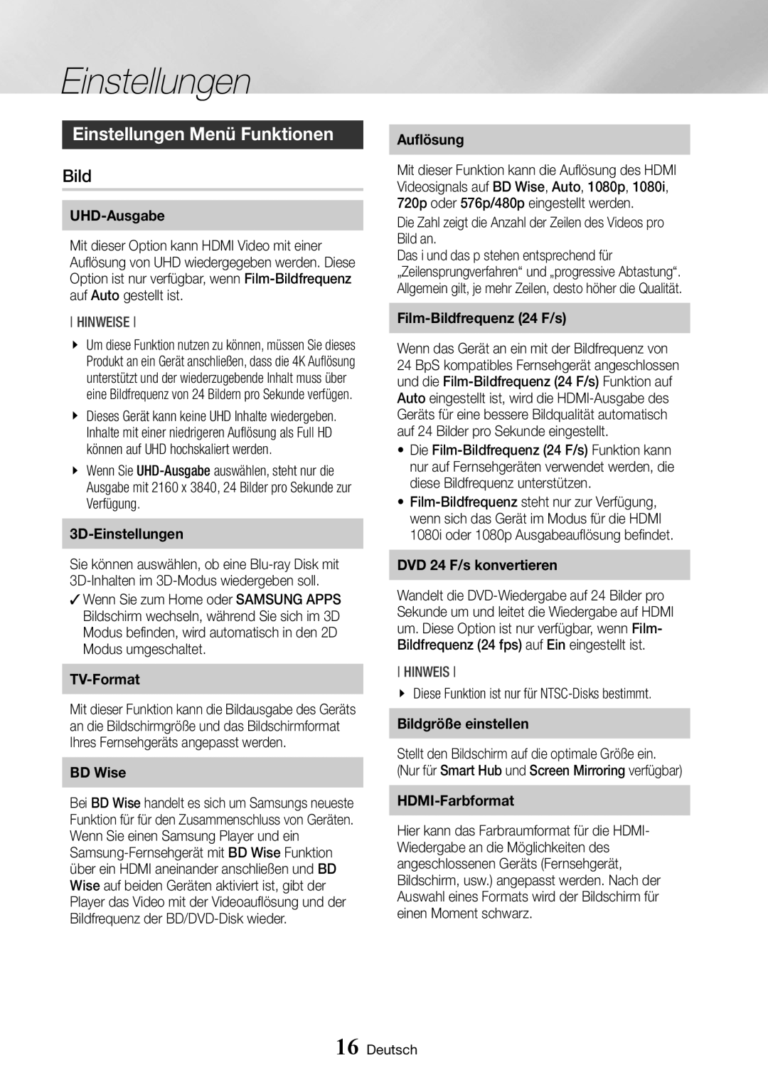 Samsung BD-J6300/ZG manual Einstellungen Menü Funktionen, Die Zahl zeigt die Anzahl der Zeilen des Videos pro Bild an 