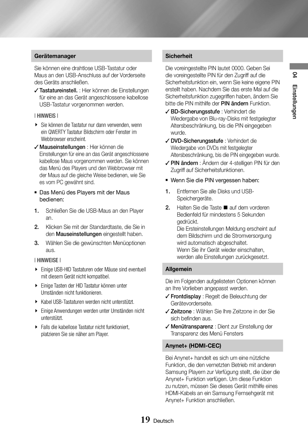 Samsung BD-J6300/ZG manual Gerätemanager, Wählen Sie die gewünschten Menüoptionen aus 