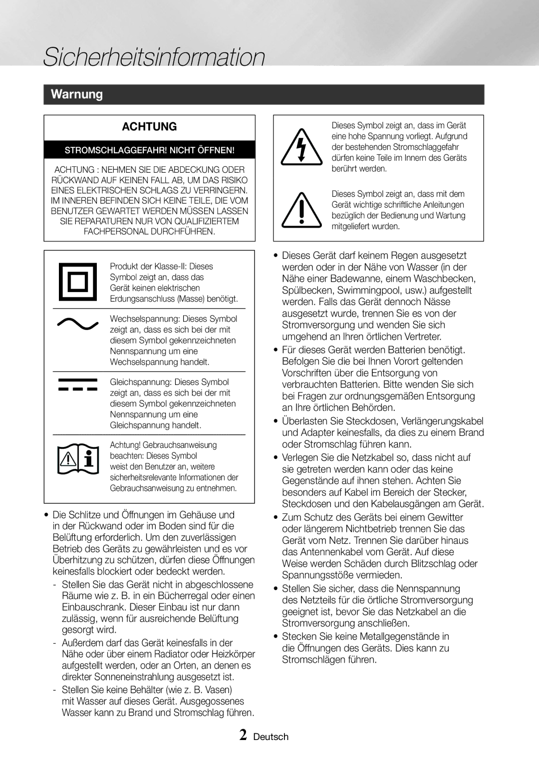 Samsung BD-J6300/ZG manual Sicherheitsinformation, Warnung 