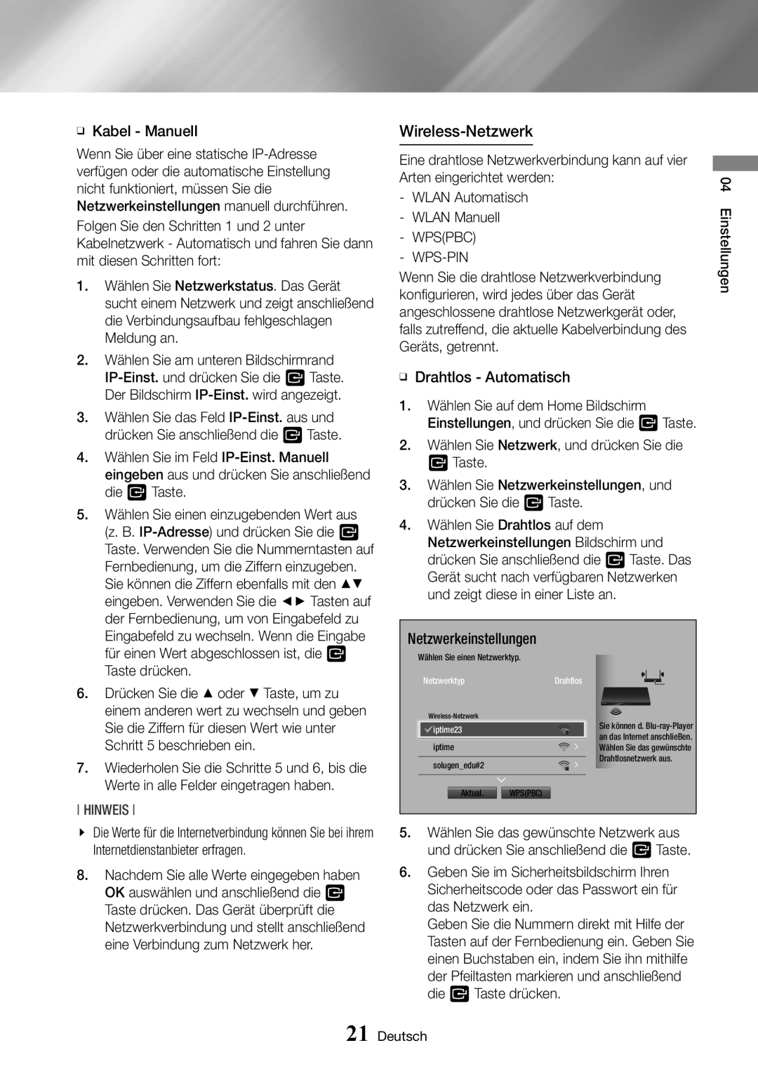 Samsung BD-J6300/ZG manual Wireless-Netzwerk, Wpspbc WPS-PIN 