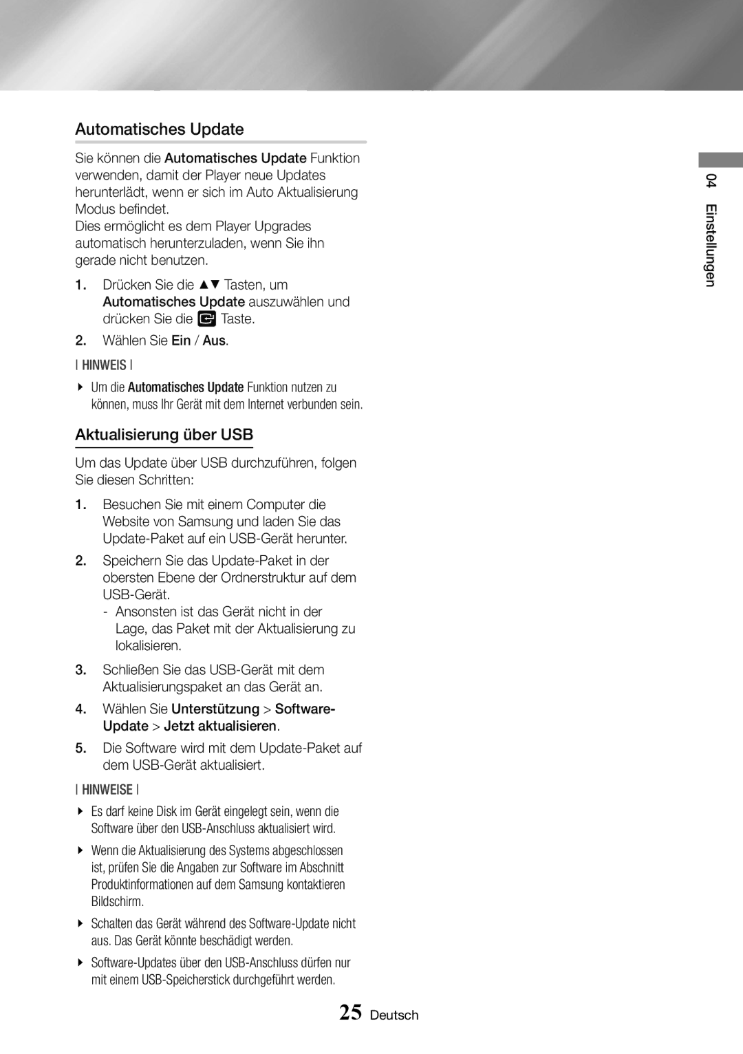 Samsung BD-J6300/ZG manual Automatisches Update, Aktualisierung über USB 