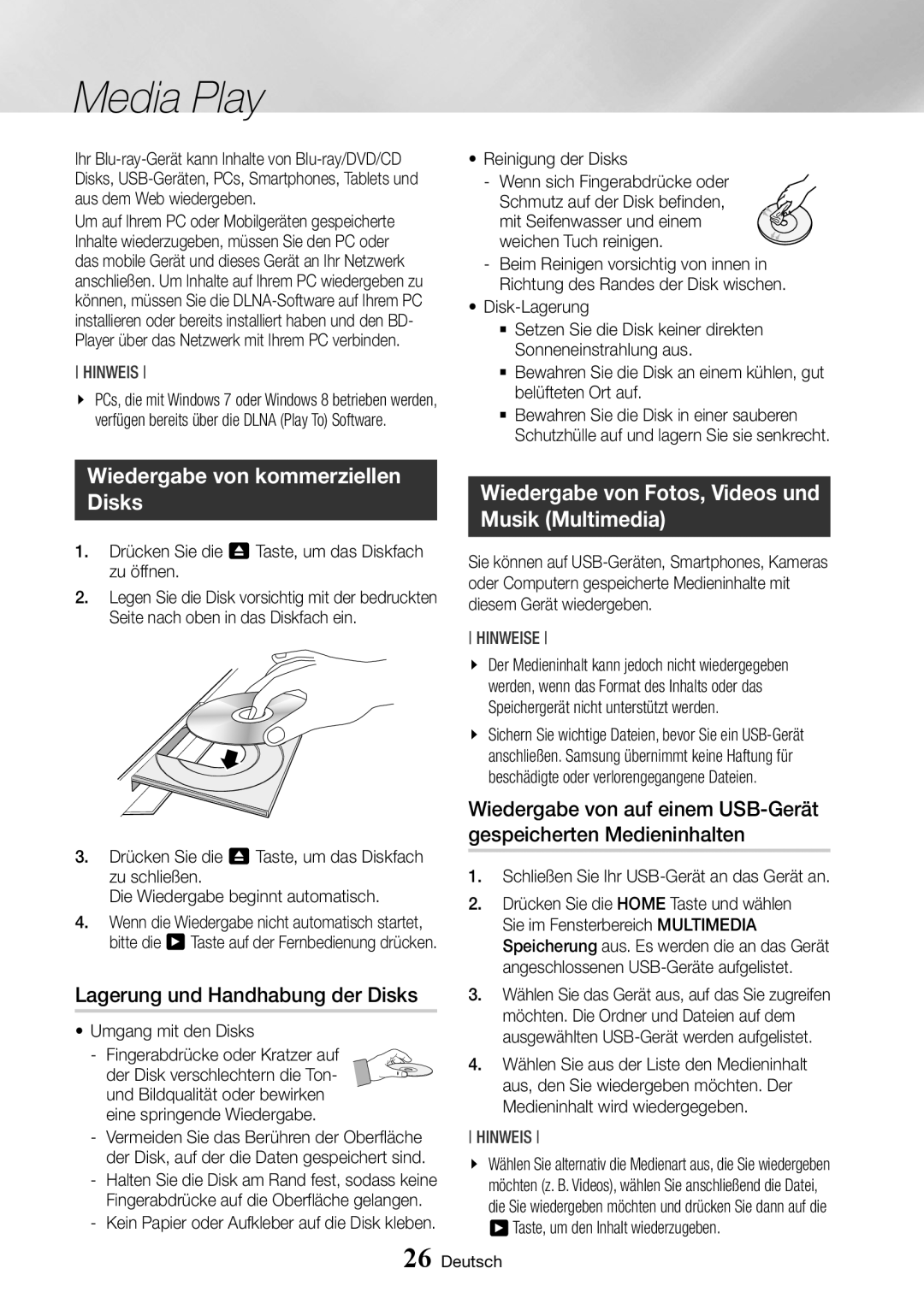 Samsung BD-J6300/ZG manual Media Play, Wiedergabe von kommerziellen Disks, Lagerung und Handhabung der Disks 