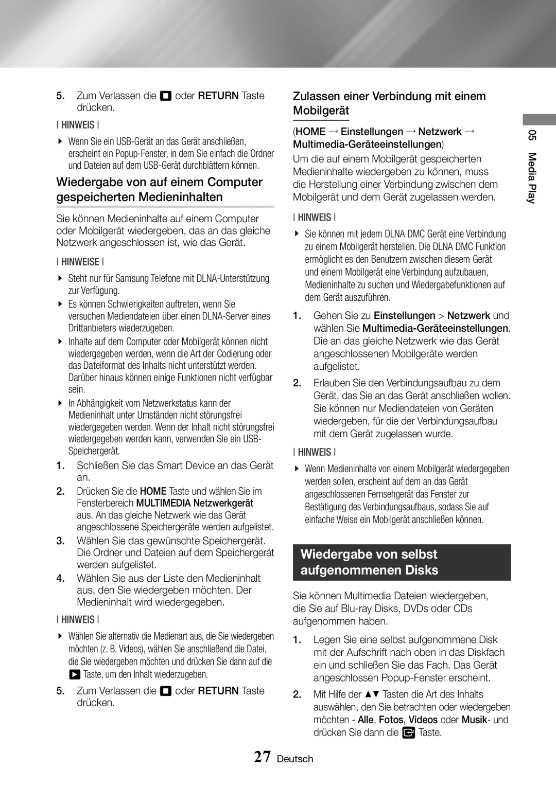 Samsung BD-J6300/ZG manual Zulassen einer Verbindung mit einem Mobilgerät, Zum Verlassen die 5 oder Return Taste drücken 