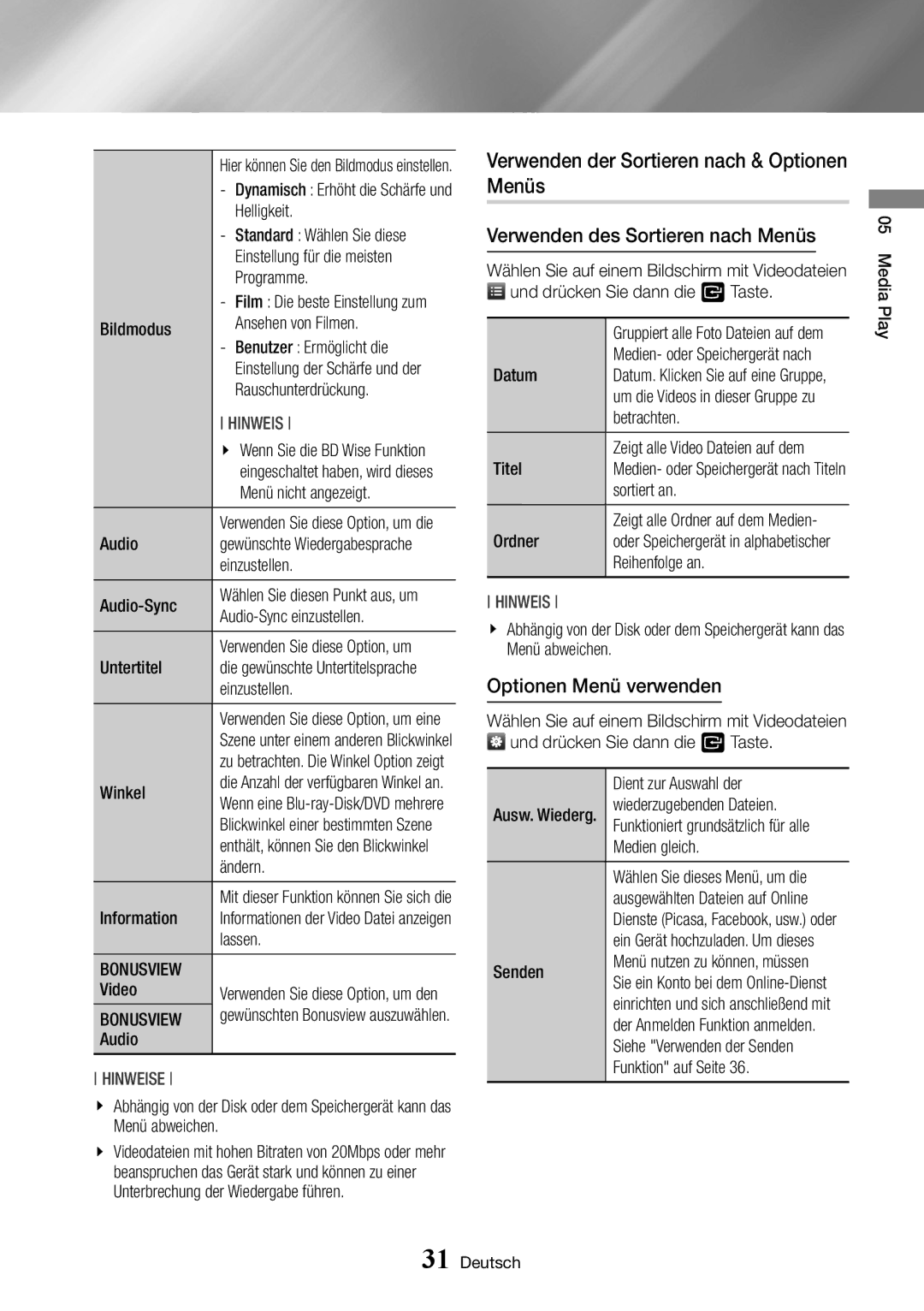 Samsung BD-J6300/ZG manual Verwenden der Sortieren nach & Optionen Menüs, Verwenden des Sortieren nach Menüs, Bonusview 