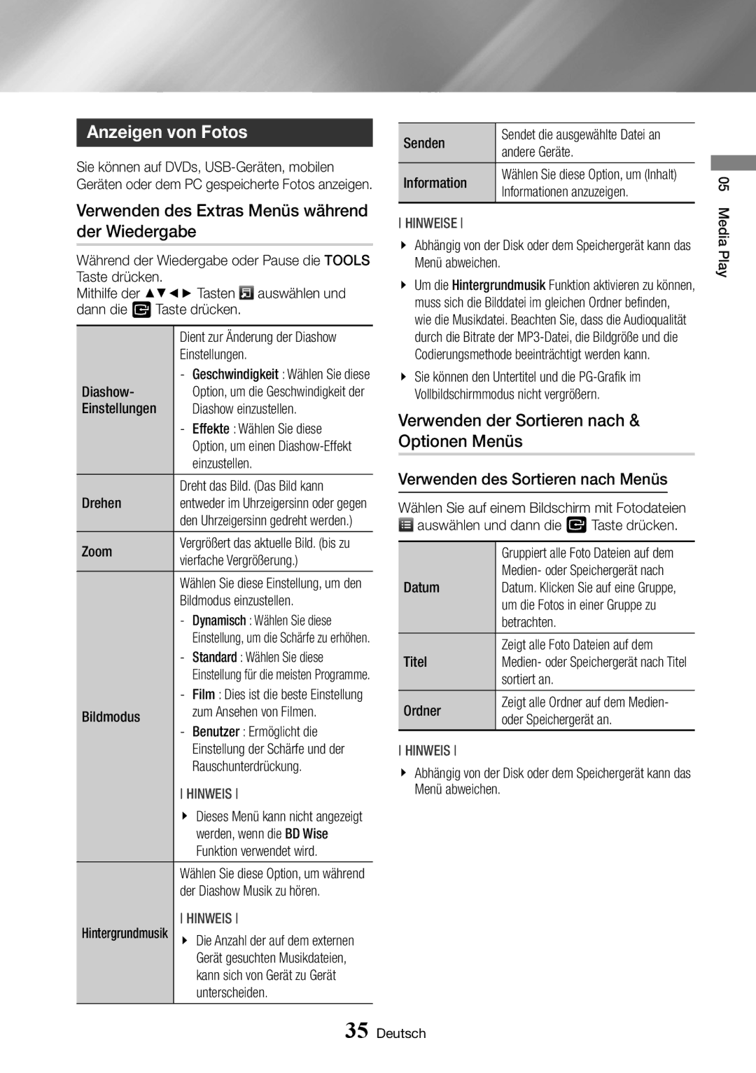 Samsung BD-J6300/ZG Anzeigen von Fotos, Verwenden des Extras Menüs während der Wiedergabe, Taste drücken Auswählen und 