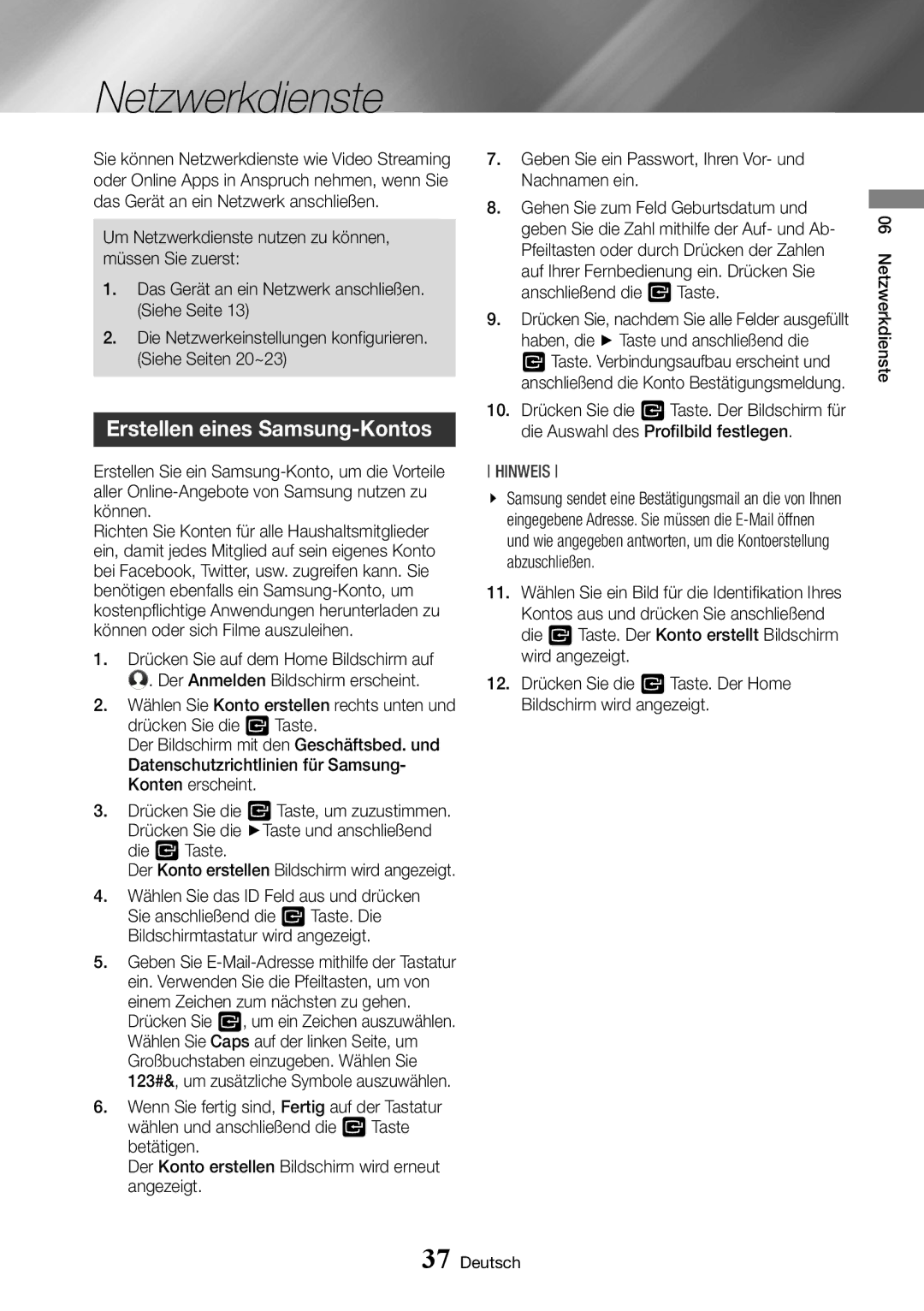 Samsung BD-J6300/ZG manual Netzwerkdienste, Erstellen eines Samsung-Kontos 