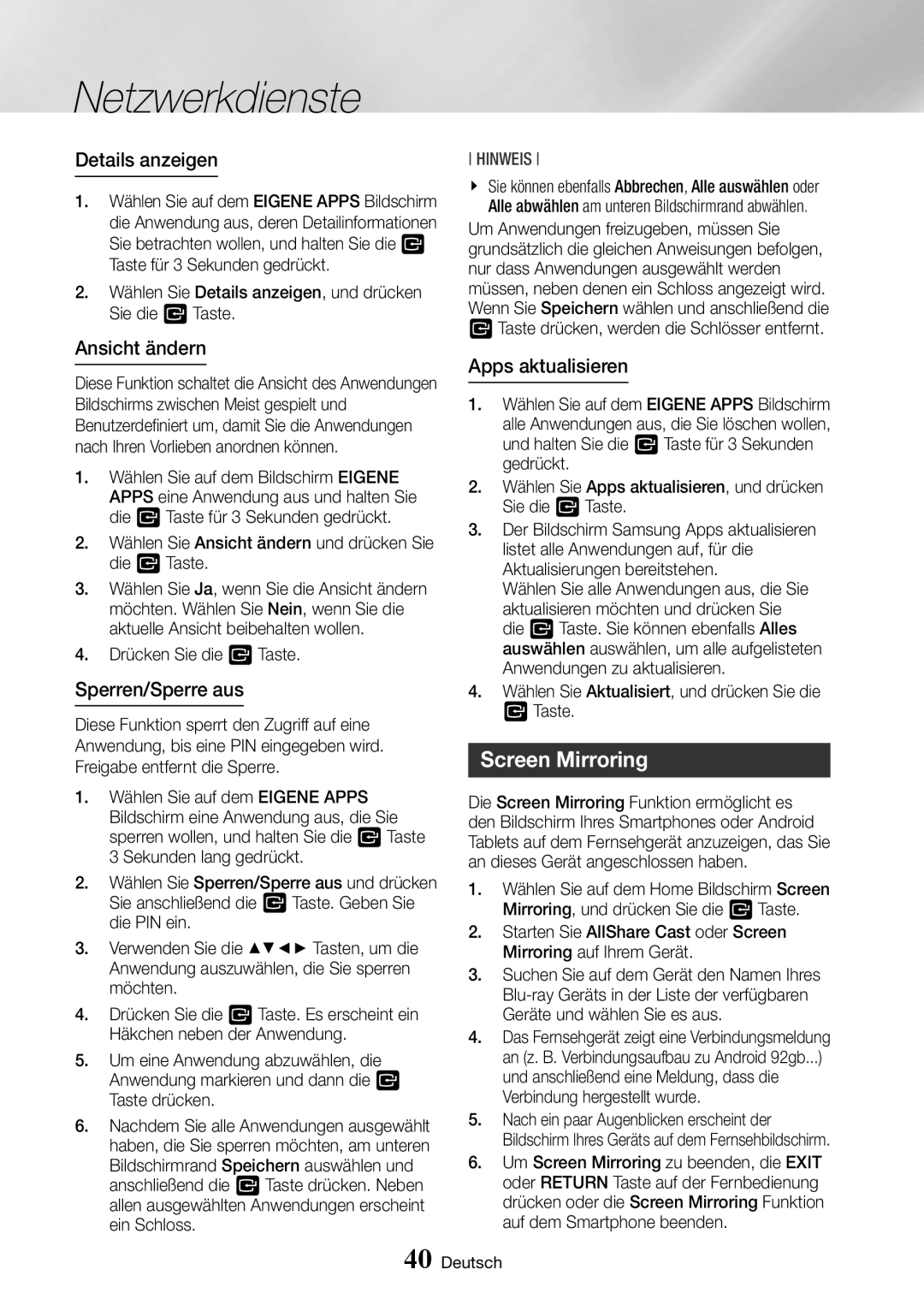 Samsung BD-J6300/ZG manual Screen Mirroring, Details anzeigen, Ansicht ändern, Sperren/Sperre aus, Apps aktualisieren 