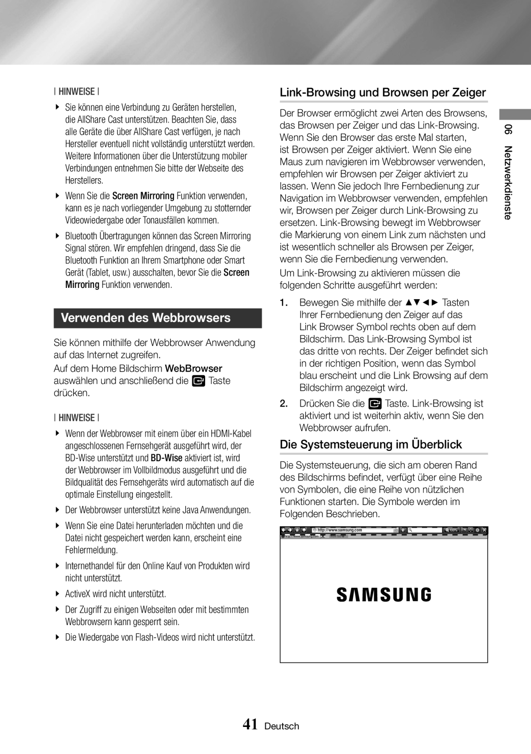 Samsung BD-J6300/ZG Verwenden des Webbrowsers, Link-Browsing und Browsen per Zeiger, Die Systemsteuerung im Überblick 