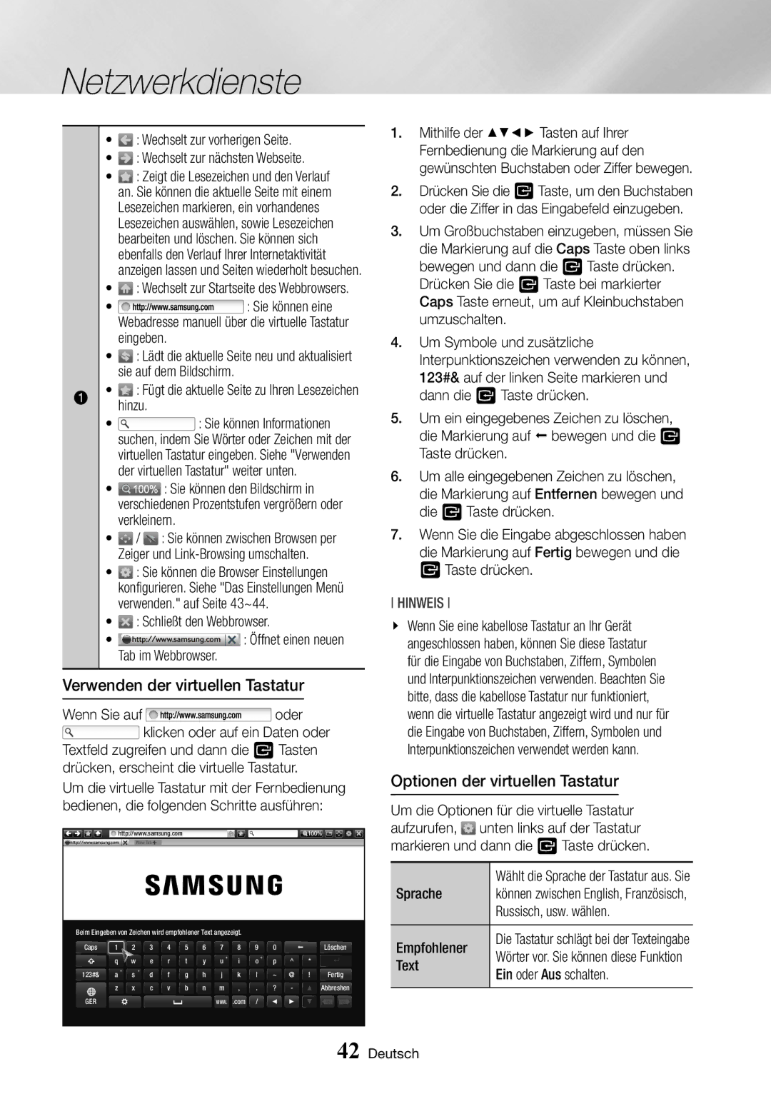 Samsung BD-J6300/ZG manual Verwenden der virtuellen Tastatur, Optionen der virtuellen Tastatur 