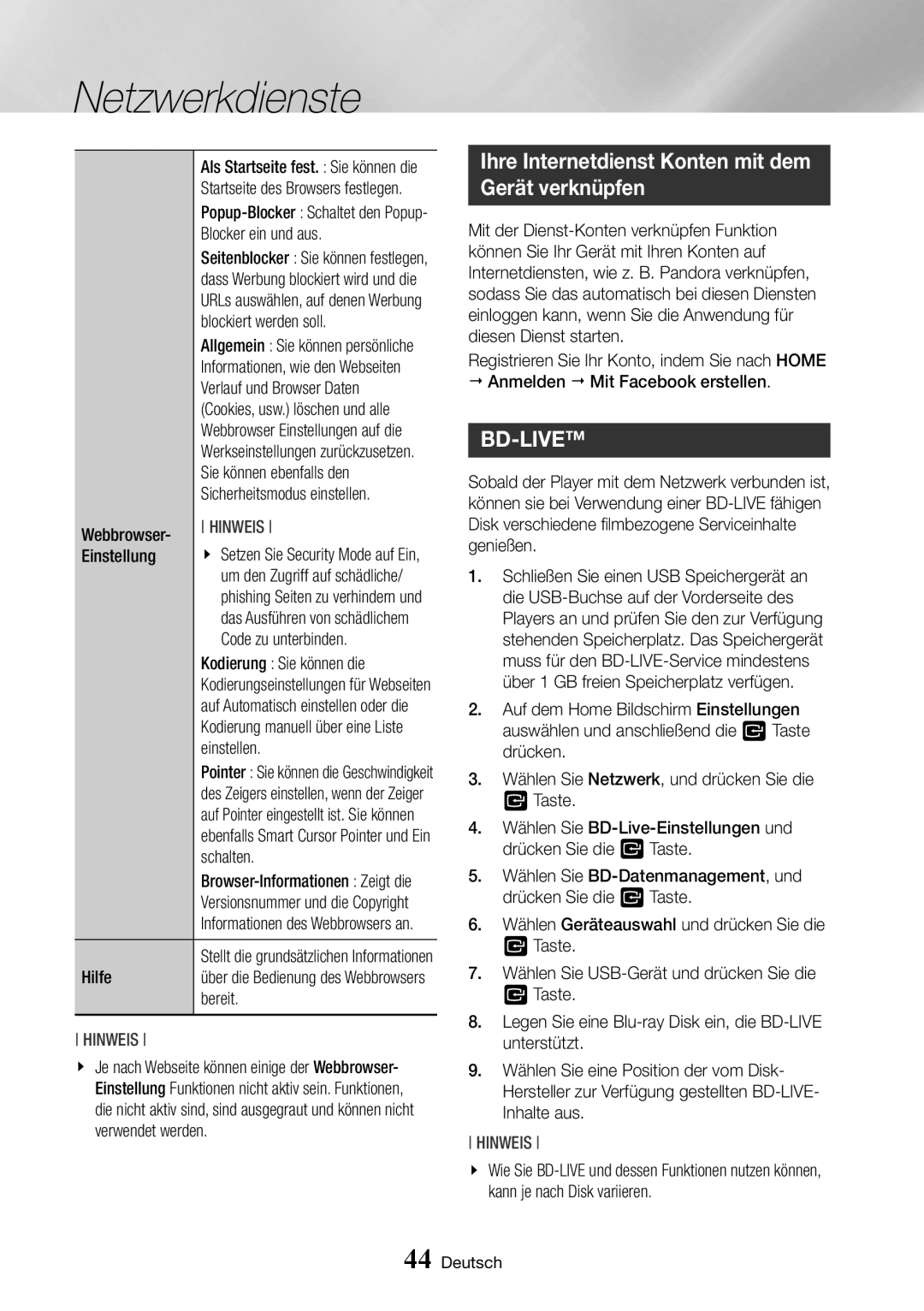 Samsung BD-J6300/ZG manual Ihre Internetdienst Konten mit dem Gerät verknüpfen 