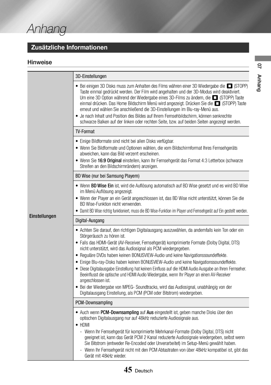 Samsung BD-J6300/ZG manual Anhang, Zusätzliche Informationen, Hinweise, Hdmi 