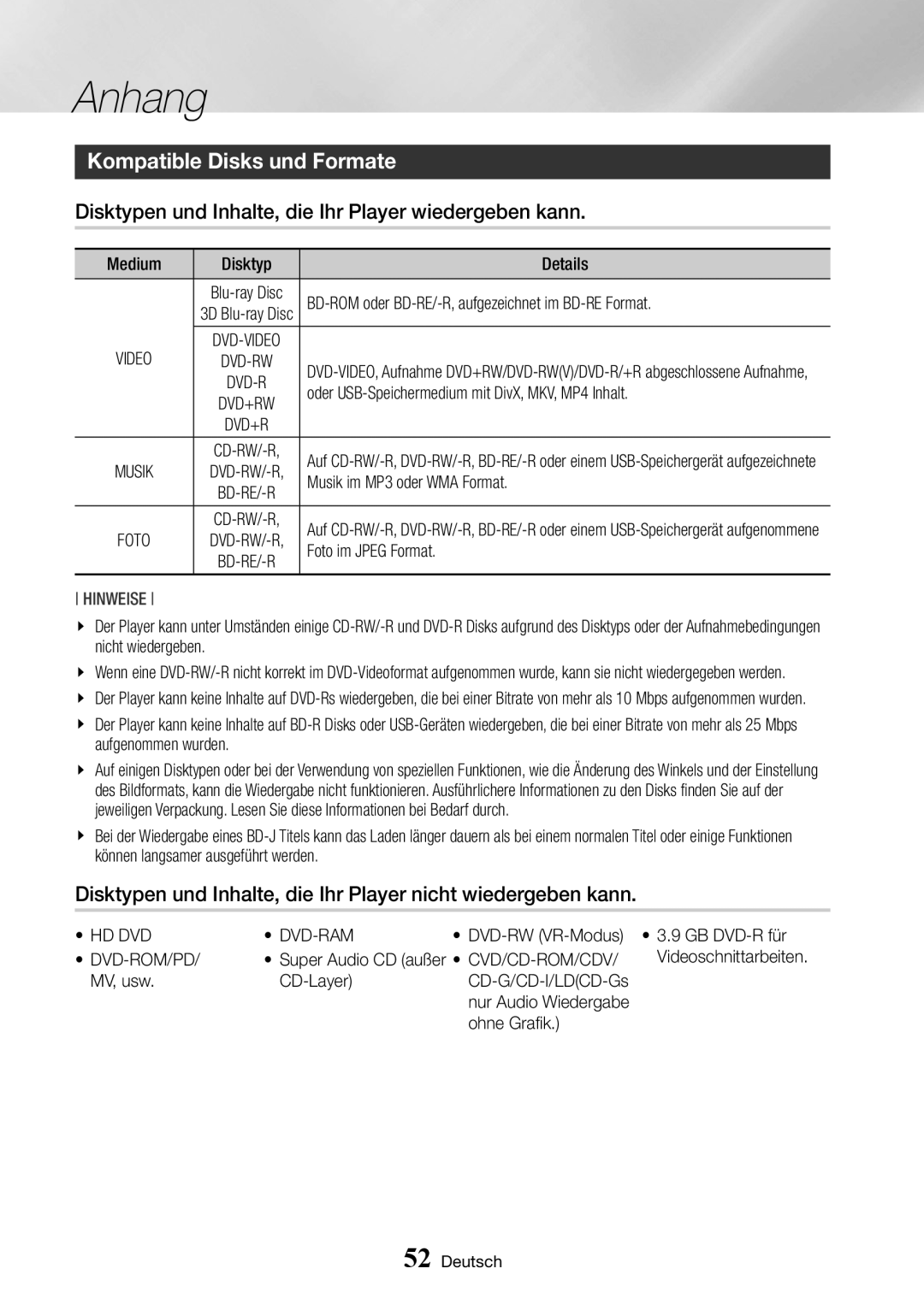 Samsung BD-J6300/ZG Kompatible Disks und Formate, Disktypen und Inhalte, die Ihr Player wiedergeben kann, Hd Dvd Dvd-Ram 