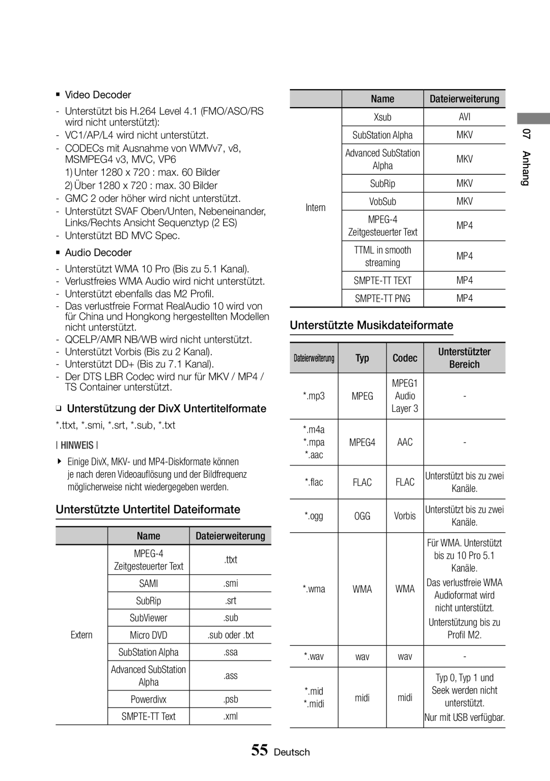 Samsung BD-J6300/ZG manual Unterstützte Musikdateiformate, Unterstützte Untertitel Dateiformate, Extern, Intern 