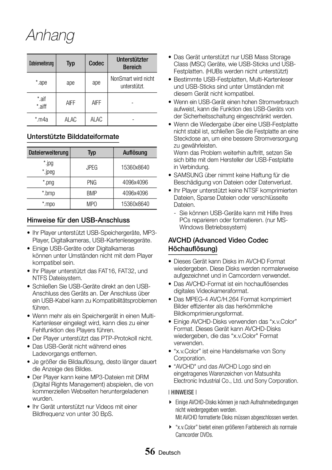 Samsung BD-J6300/ZG manual Unterstützte Bilddateiformate, Hinweise für den USB-Anschluss, Camcorder DVDs, Unterstützter 