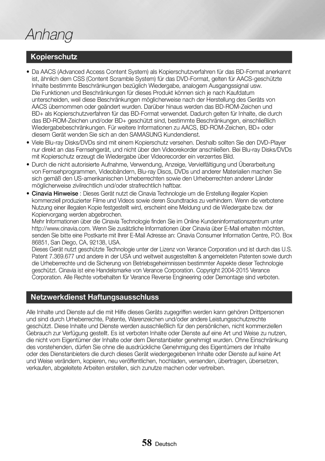 Samsung BD-J6300/ZG manual Kopierschutz, Netzwerkdienst Haftungsausschluss 