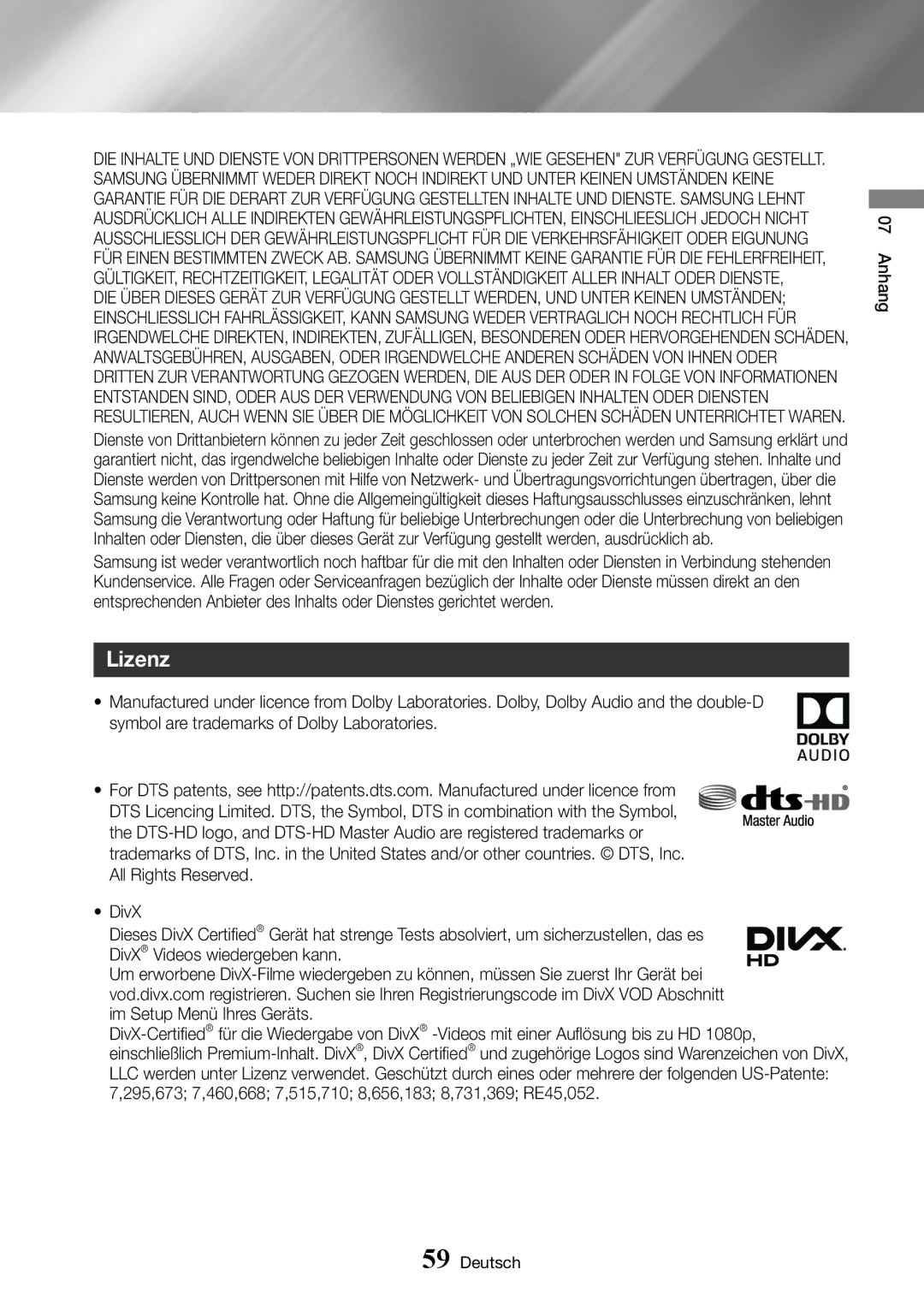 Samsung BD-J6300/ZG manual Lizenz 