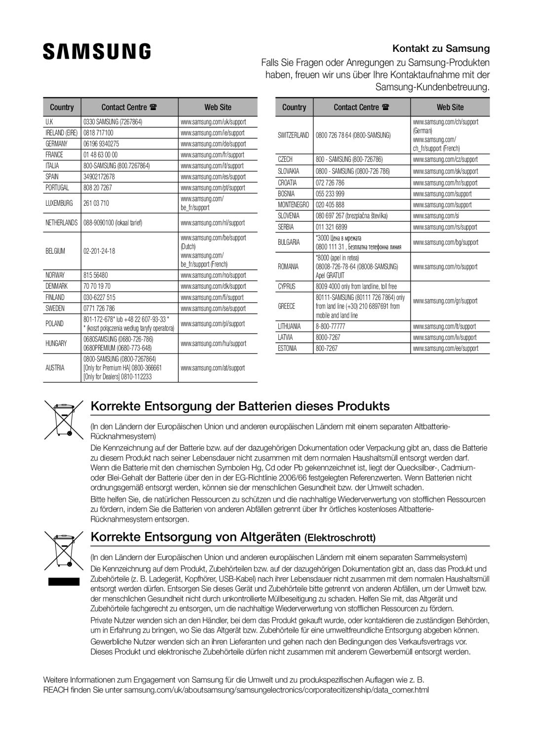 Samsung BD-J6300/ZG Korrekte Entsorgung der Batterien dieses Produkts, Korrekte Entsorgung von Altgeräten Elektroschrott 