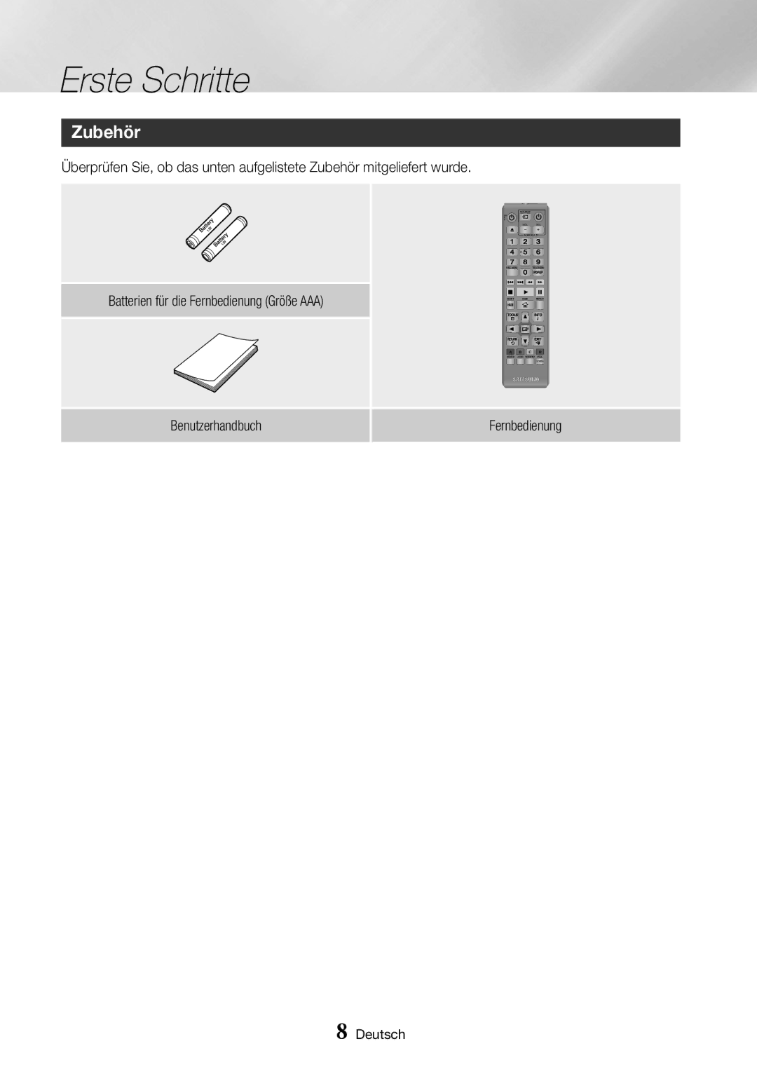 Samsung BD-J6300/ZG manual Erste Schritte, Zubehör, Benutzerhandbuch Fernbedienung 