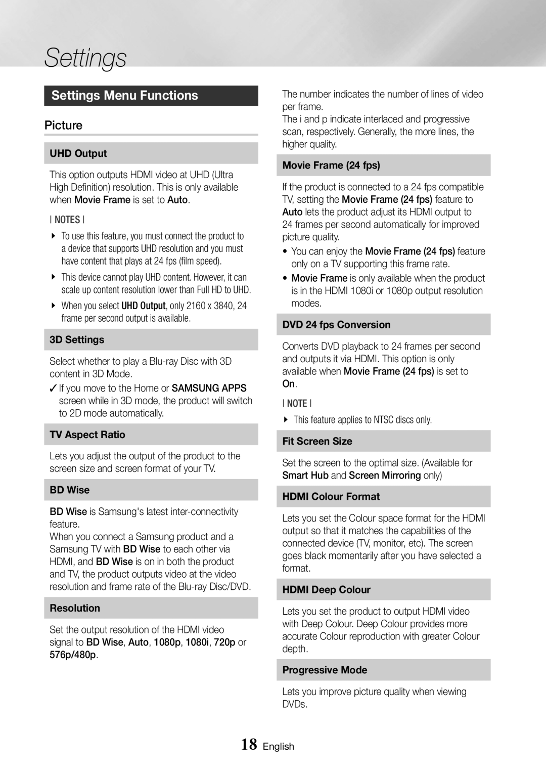 Samsung BD-J7500/EN manual Settings Menu Functions, Picture, BD Wise is Samsungs latest inter-connectivity feature 