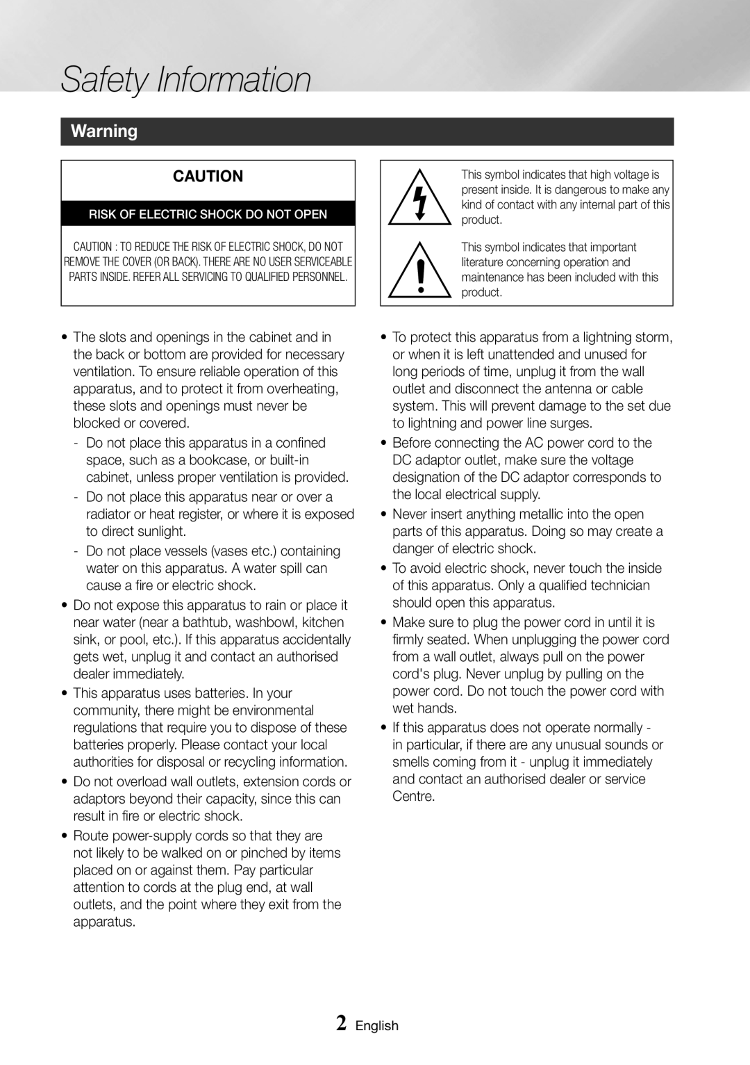 Samsung BD-J7500/EN, BD-J7500/ZF manual Safety Information, Risk of Electric Shock do not Open 