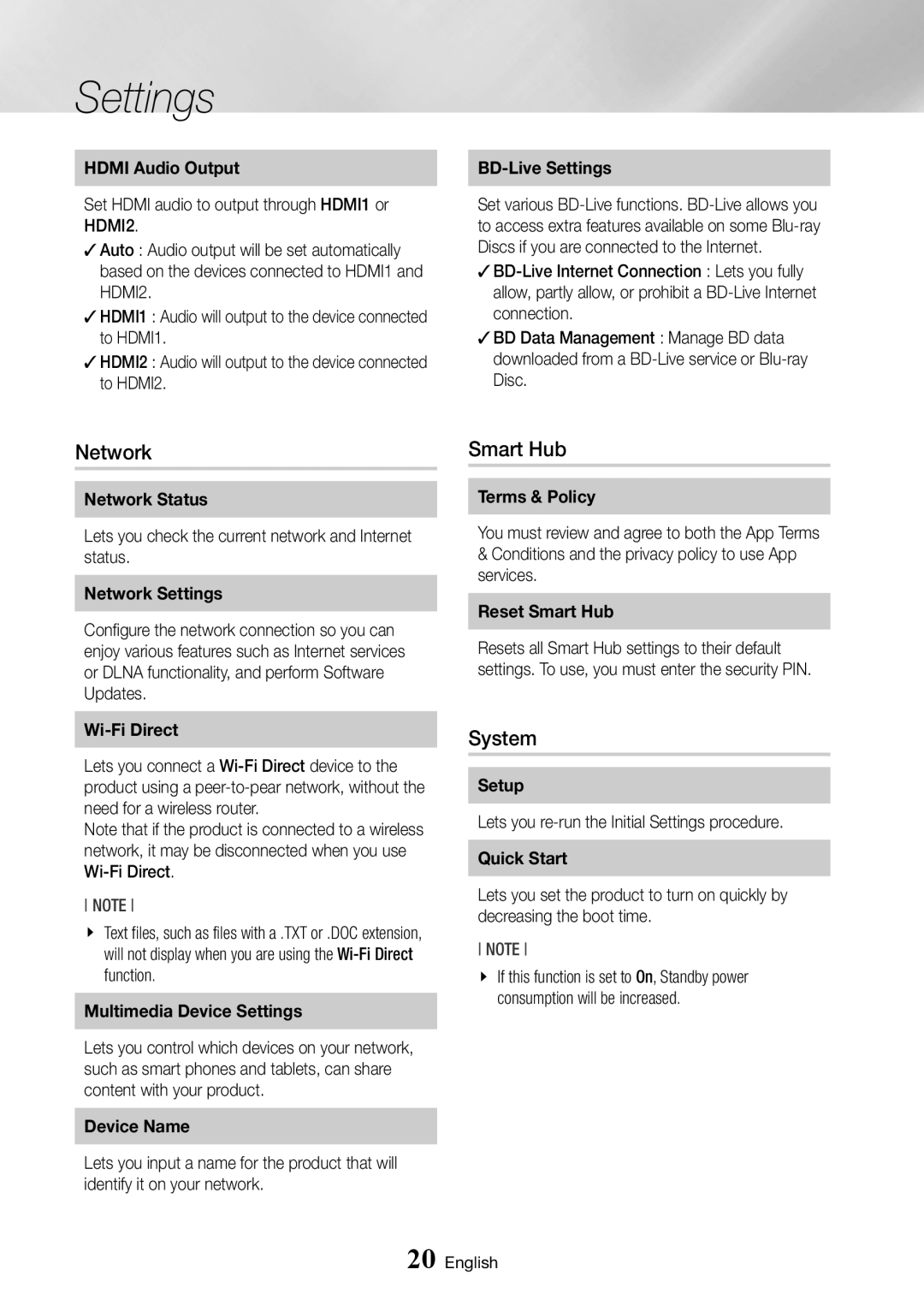 Samsung BD-J7500/EN, BD-J7500/ZF manual Network, Smart Hub, System, Lets you check the current network and Internet status 