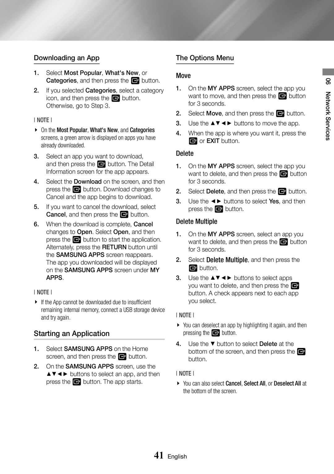 Samsung BD-J7500/ZF, BD-J7500/EN manual Starting an Application, Downloading an App, Options Menu Move, Delete Multiple 