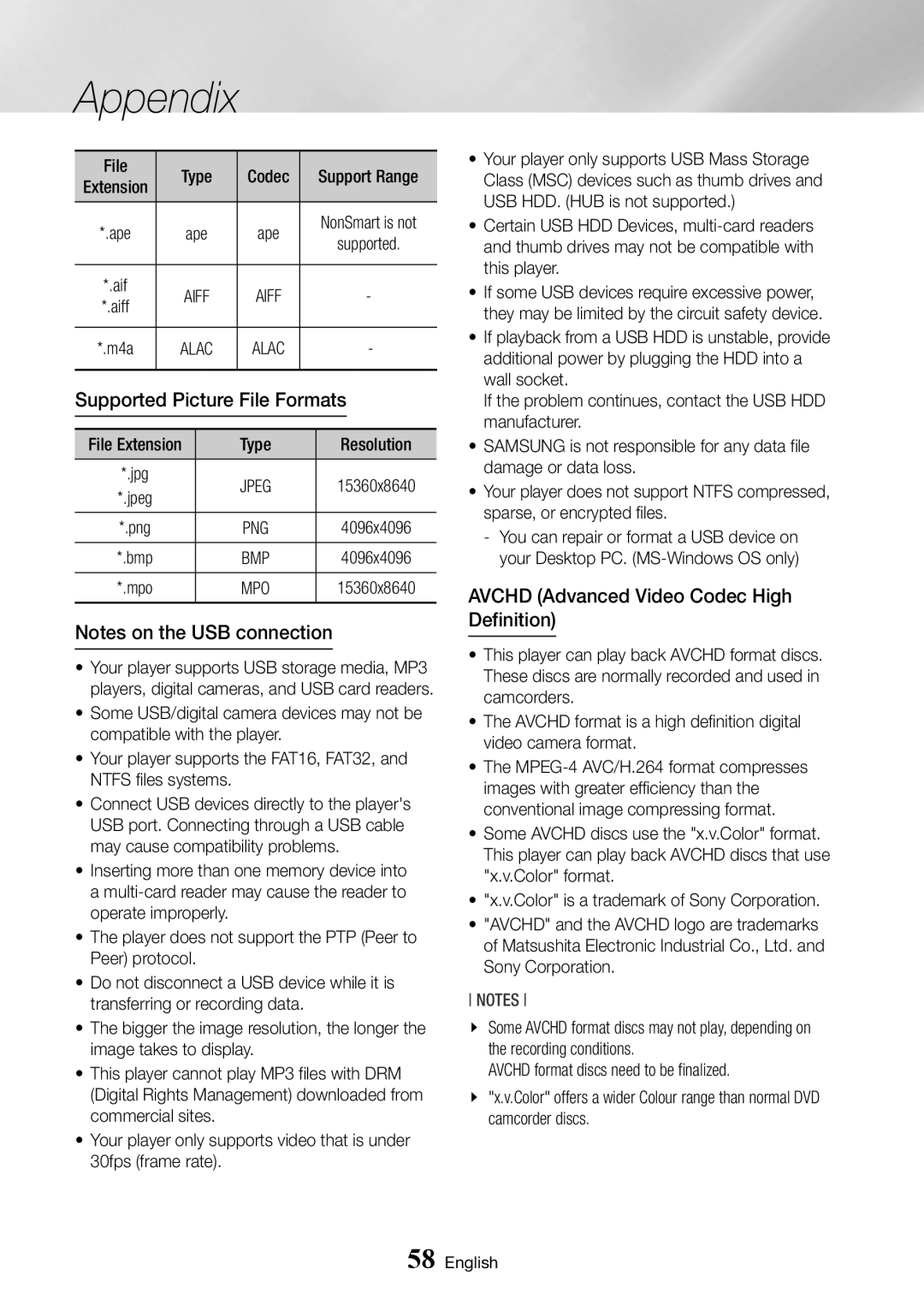 Samsung BD-J7500/EN, BD-J7500/ZF manual Supported Picture File Formats, Avchd Advanced Video Codec High Definition 