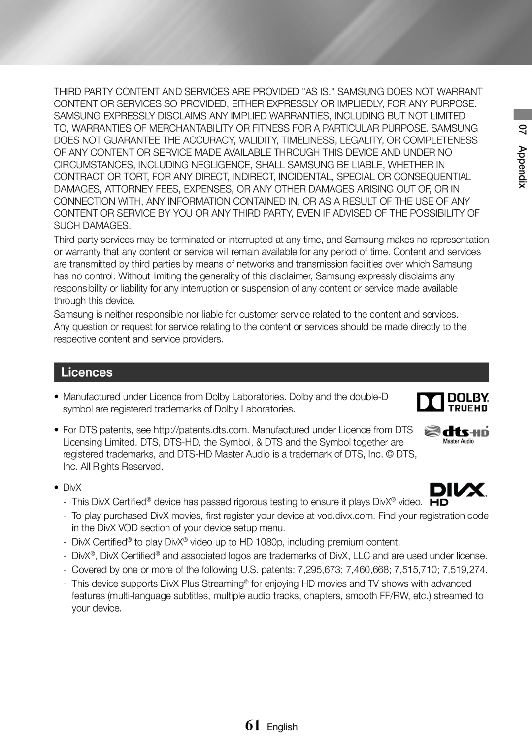 Samsung BD-J7500/ZF, BD-J7500/EN manual Licences 