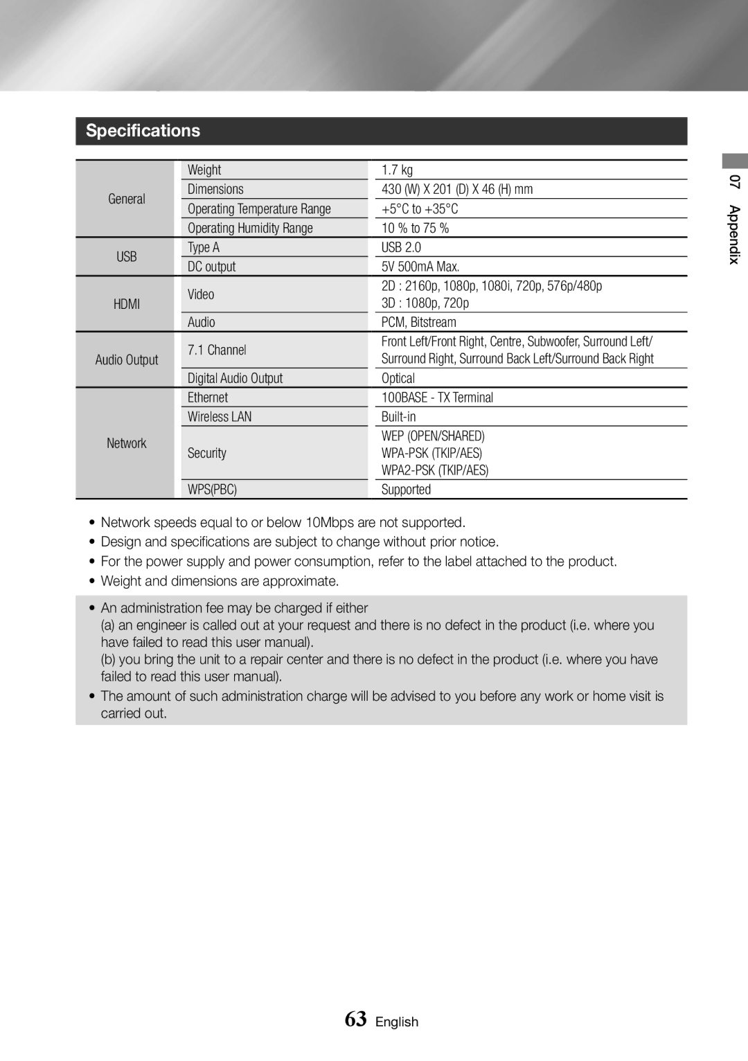 Samsung BD-J7500/ZF, BD-J7500/EN manual Specifications, Wep Open/Shared, Wpa-Psk Tkip/Aes, WPA2-PSK TKIP/AES, Wpspbc 