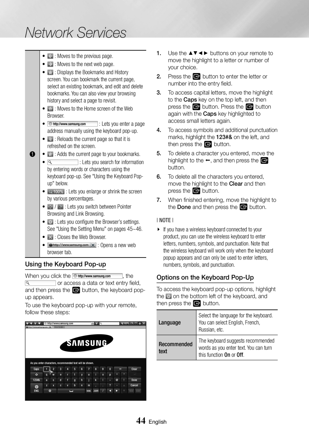 Samsung BD-J7500/EN, BD-J7500/ZF manual Using the Keyboard Pop-up, Options on the Keyboard Pop-Up, Network Services 